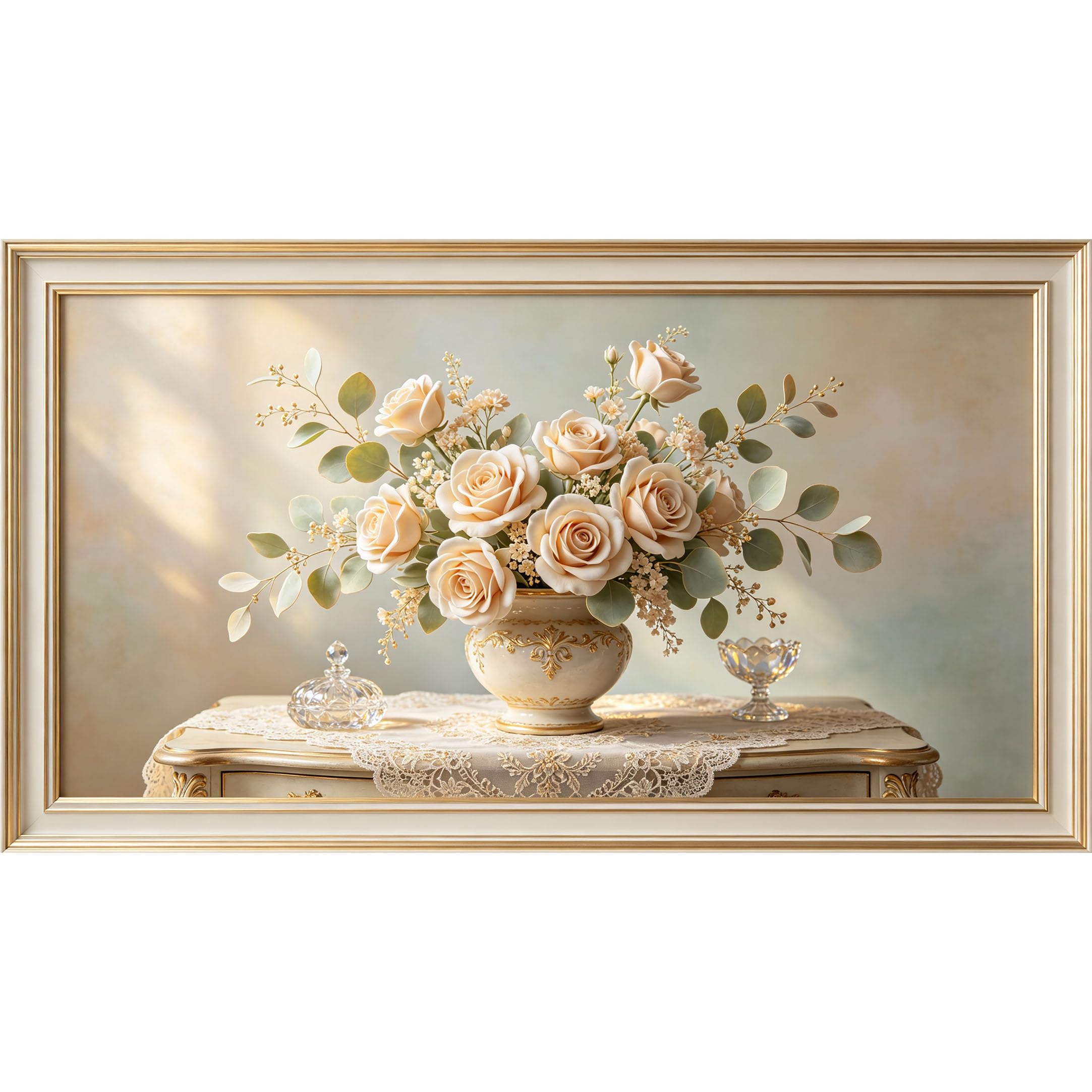 QZLITHOTIC 50x90cm3D Framed Wall Art， Vintage Floral Vase Botanical Self‑Adhesive Mural， Water‑Activated Peel & Stick Fabric Decor Wall Decal for Bedroom Living Room