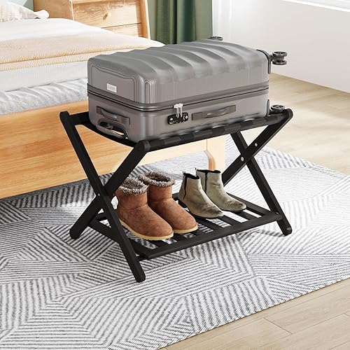 Miniatura 17 de Smuxee Paquete de 2 portaequipajes de nogal totalmente montados, soporte plegable de bambú mejorado para maleta con 5 correas de nailon, soporte