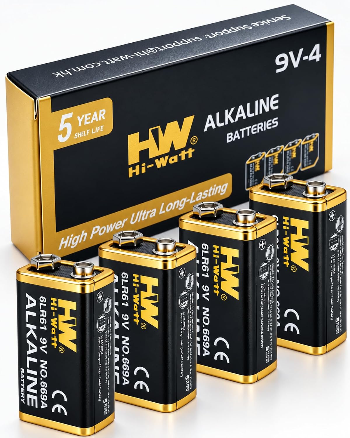 HW 9V Alkaline Batteries Leak-Proof, 5-Year Shelf Life 4 Pack for Meters