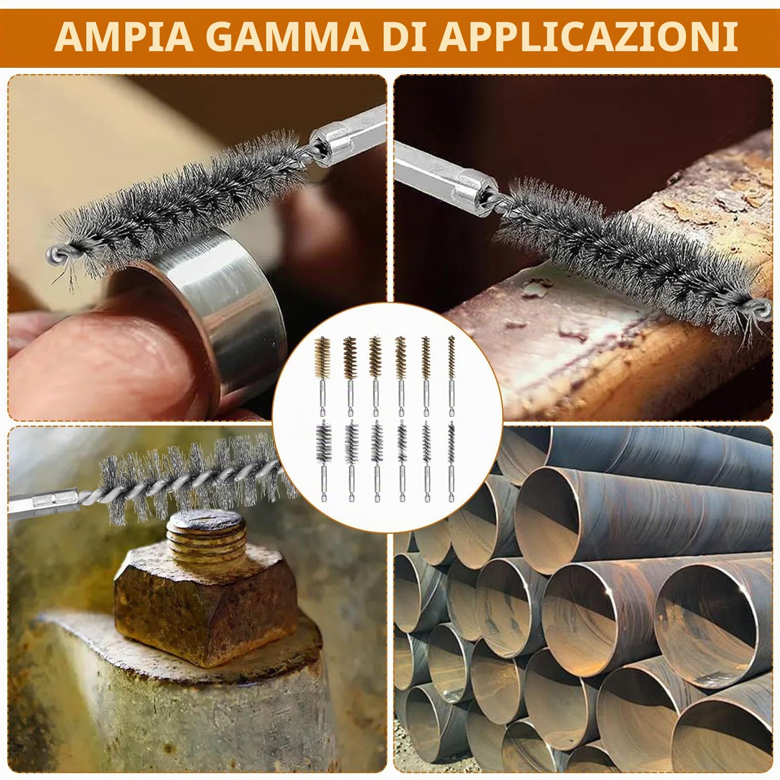 Set di 12 Spazzole Metalliche: 6 in Acciaio Inox e 6 in Rame, Cilindrica Rotonda con Asta Esagonale, Forata per Lucidatura, Levigatura, Rimozione