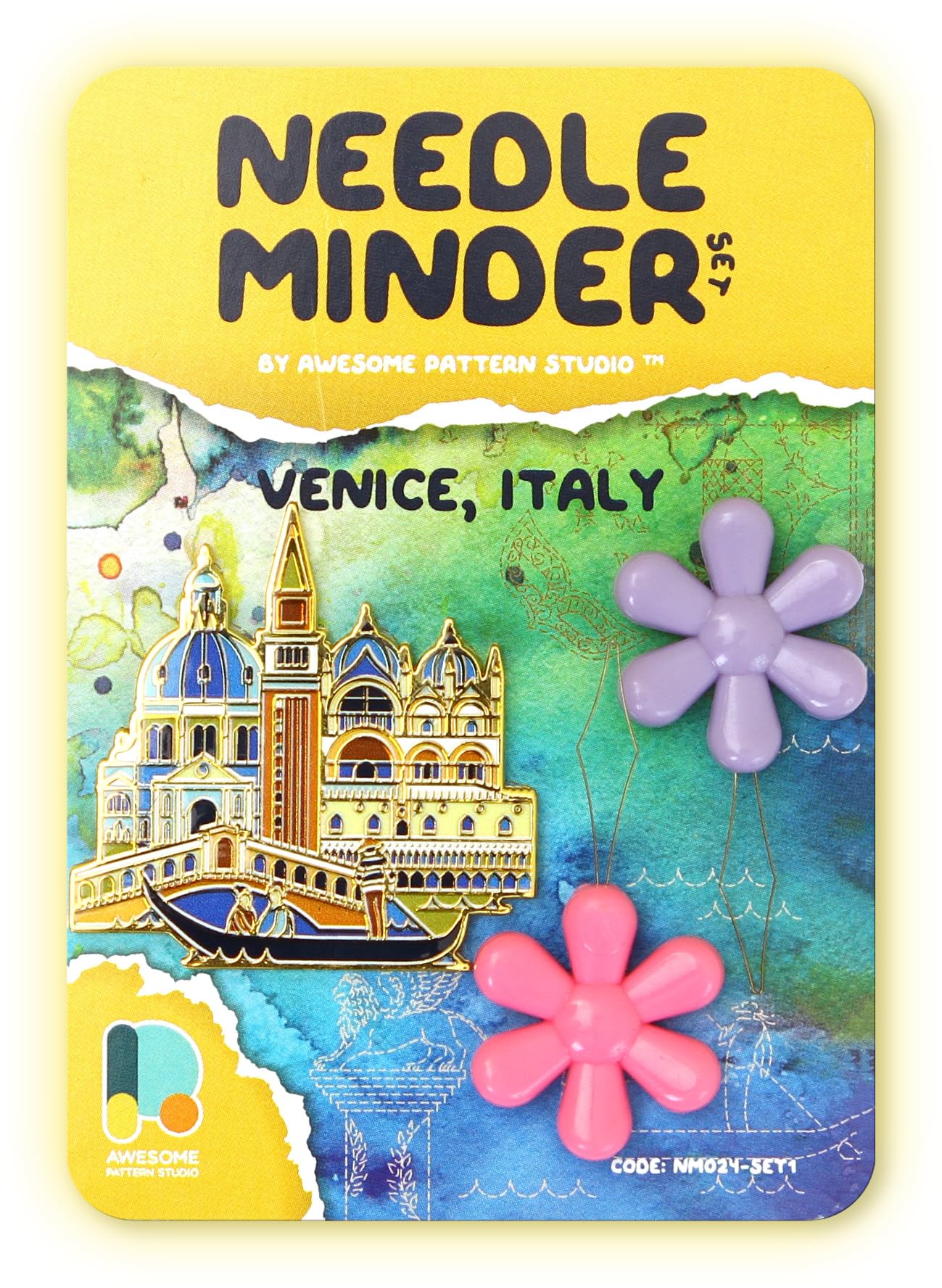 Awesome Pattern Studio Needle Minder Set – Venice Magnetic Needle Minder + 2 Needle Threaders. Enamel Pin for Cross Stitch, Embroidery and Craft