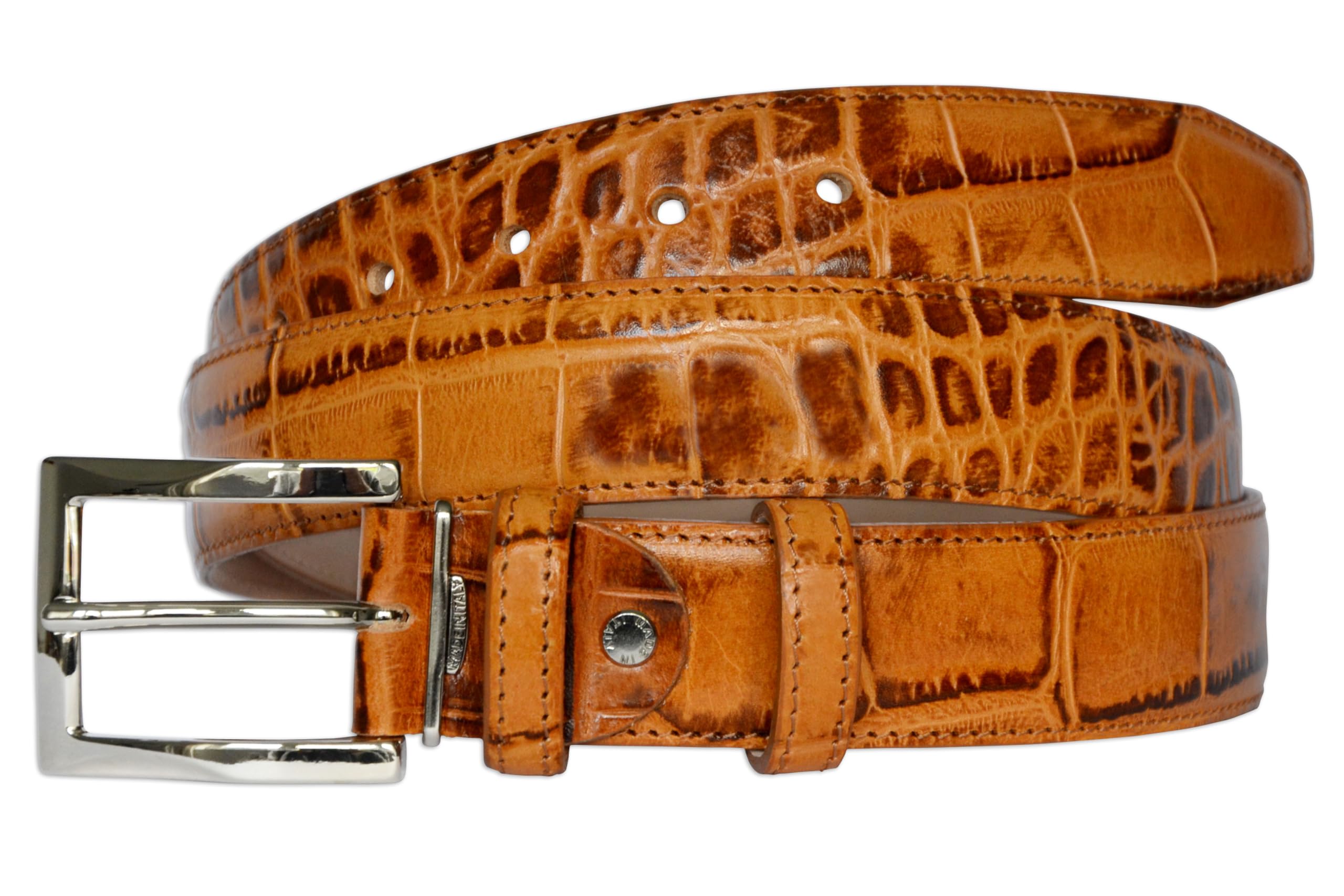 Pasquale Cutarelli Men's Tawny Brown Crocodile Pattern Italian Leather Belt, 3.5Cm Wide, Medium, 36-Inch