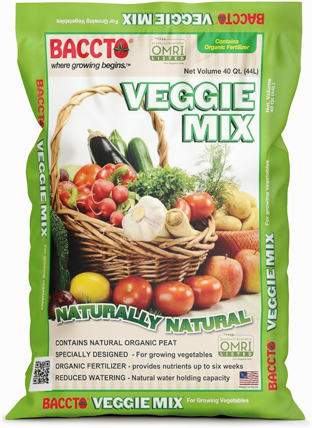 Michigan Peat Company BACCTO Veggie Mix with Peat Moss, Indoor Outdoor Organic Nutrients for Planting & Growing Vegetables, 40 Quart Bag