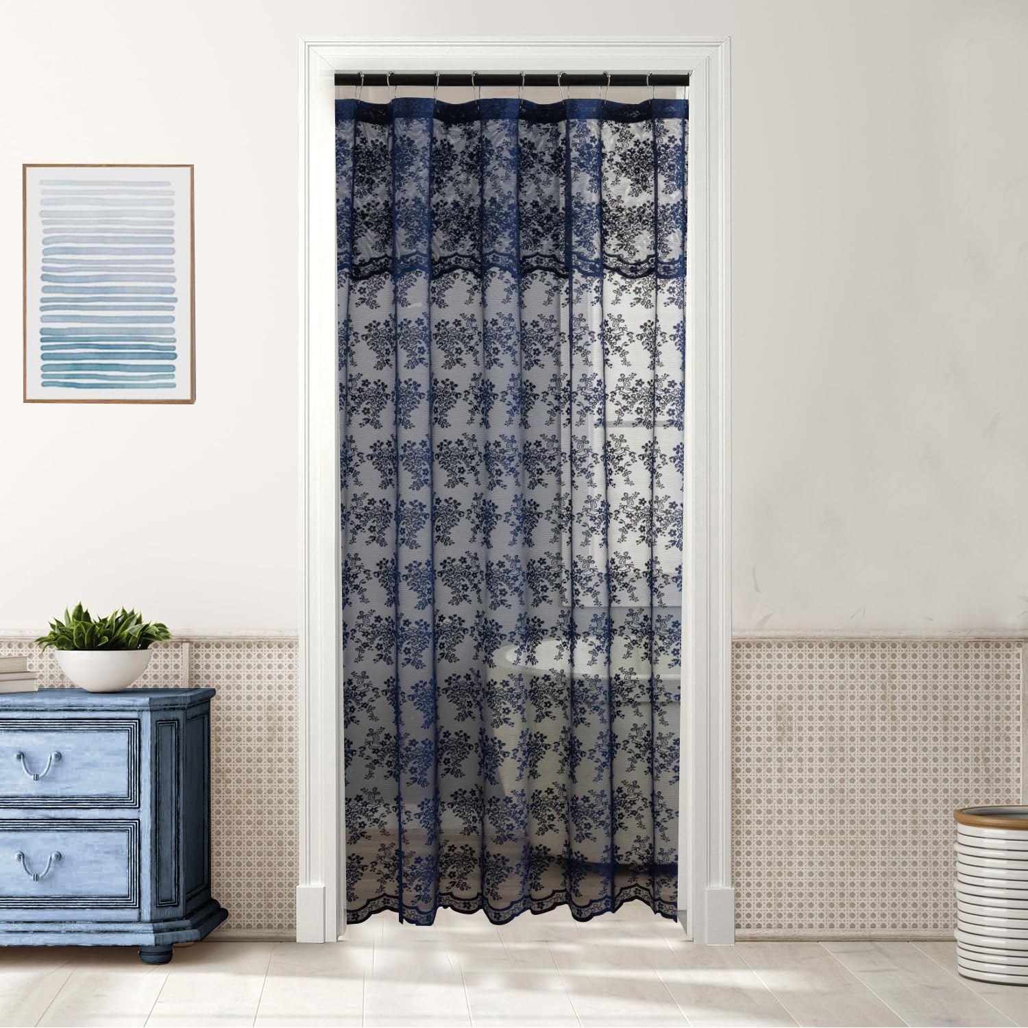 YJ YANJUN Navy Blue Lace Stand Up Shower Curtain 36x72 Scalloped Shabby Chic Shower Curtain with Valance for The Small Stall Bathroom Victorian Moody Narrow RV Curtain Navy