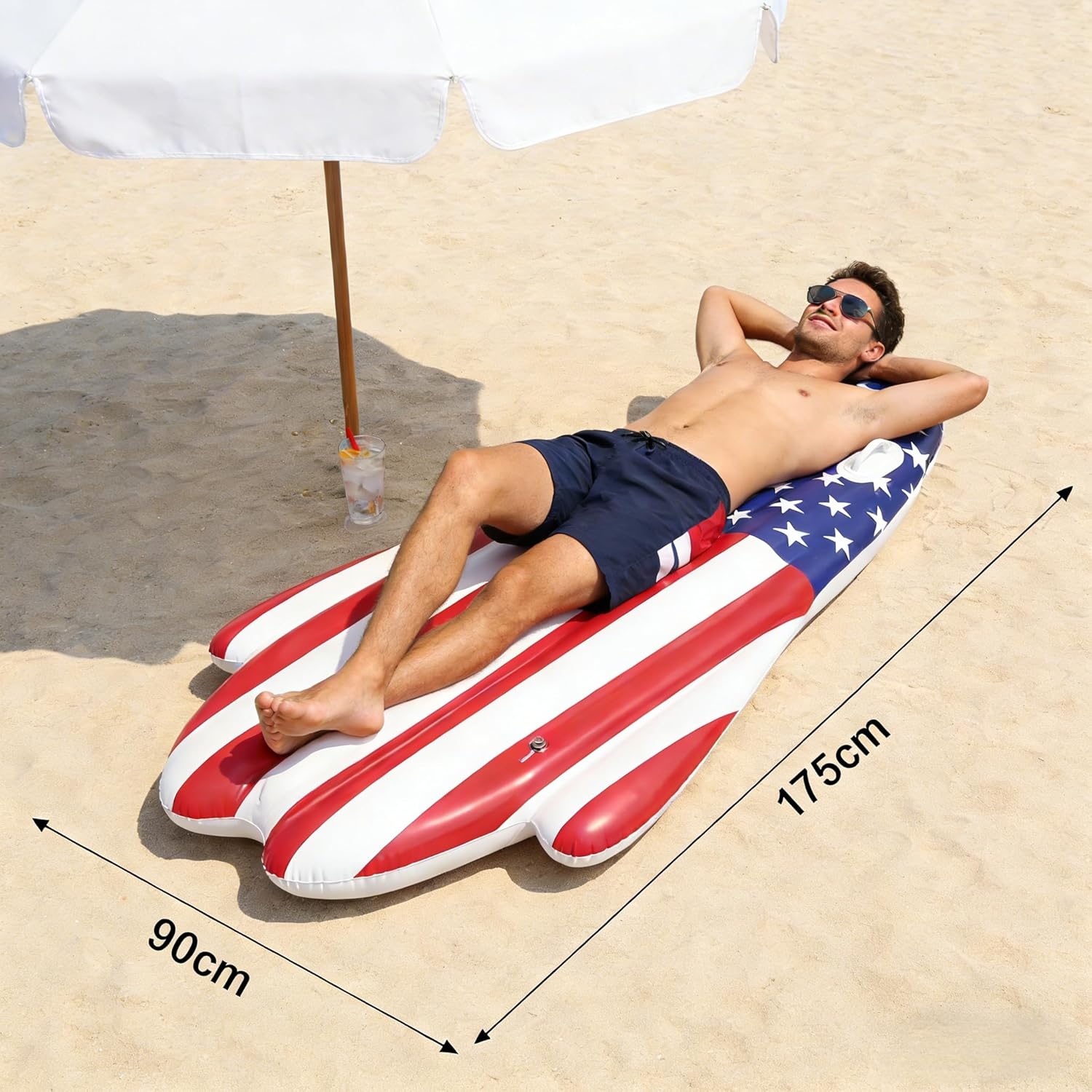 70" American Flag Pool Floats Adults, Inflatable Tanning Pool Raft, Patriotic Rocket Water Lounger Summer Floaties for 4th of July, USA 250th Anniversary