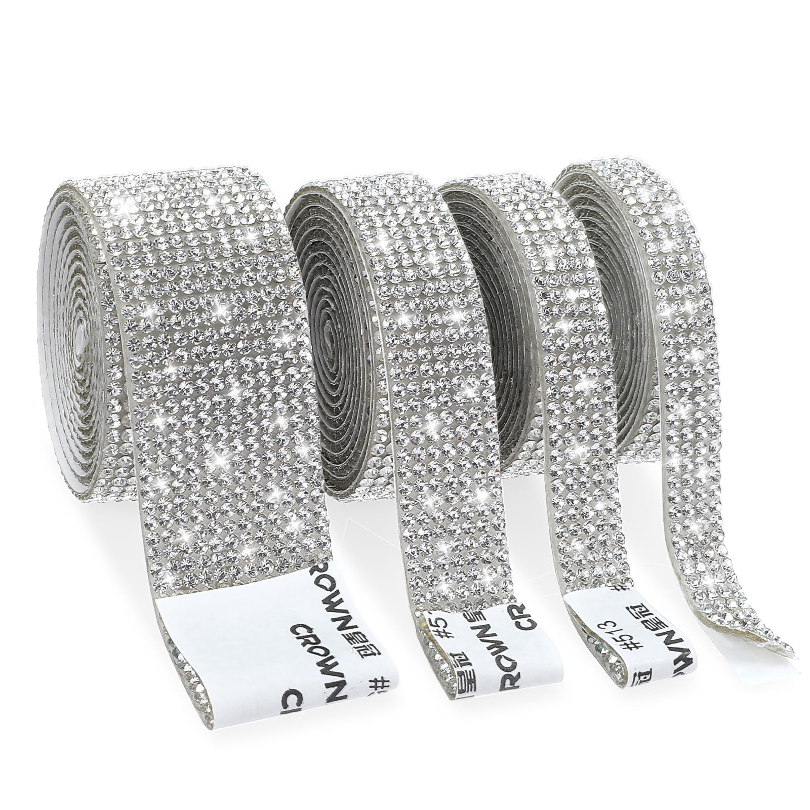Tyqour 4 Rolls Rhinestone Ribbon, Sliver Rhinestone Strips Tape Self Adhesive Glitter Bedazzling Bling Ribbon Roll for Crafts, Fabric, Car, Shoes Décor