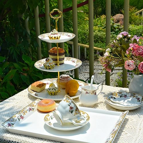 Miniatura 4 de ACMLIFE Bone China - Juego de té de porcelana con bandeja, juego de té de porcelana de 21 piezas con tetera, azucarero, jarra de crema, juegos de