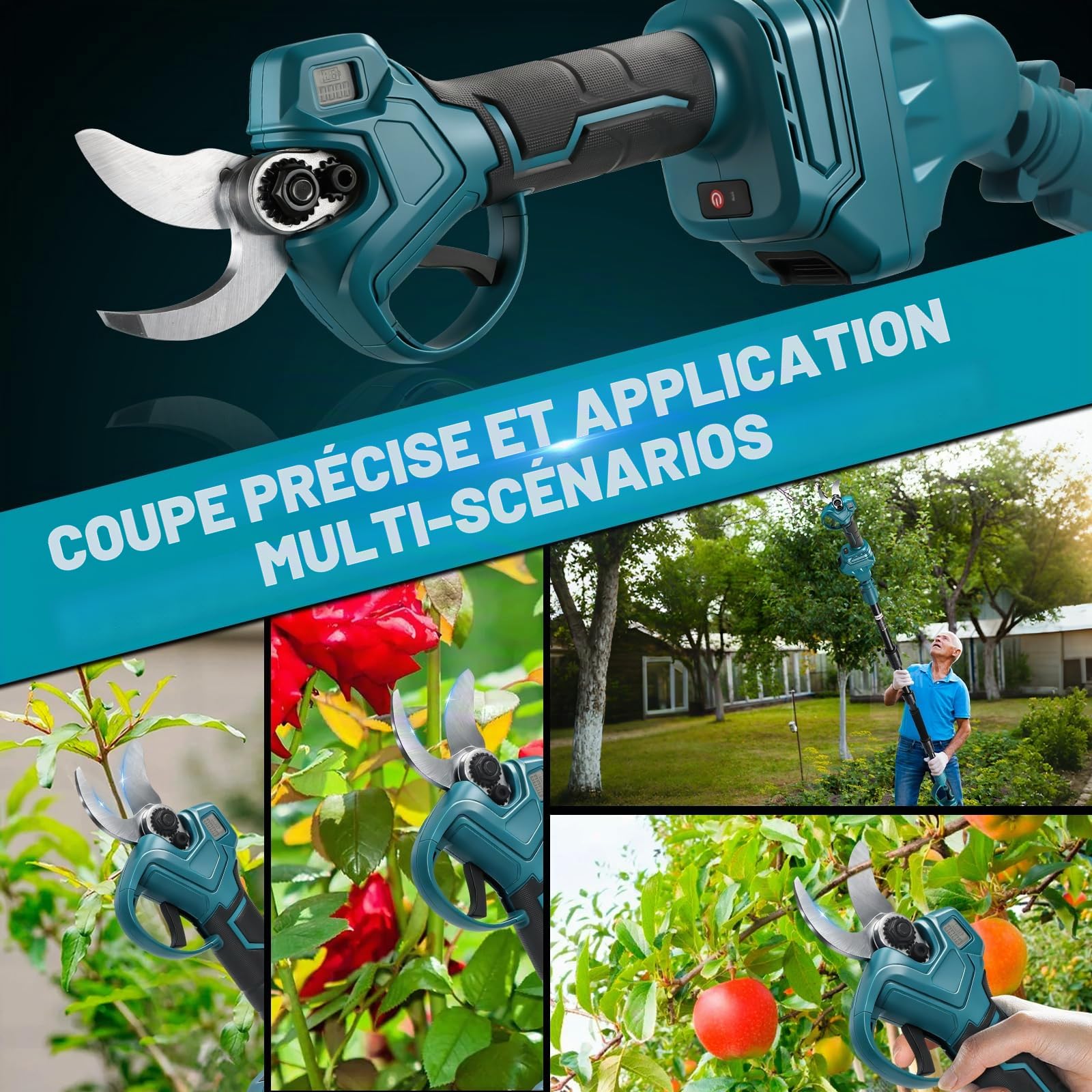 Mini Tronconneuse avec Perche 6 Pouces & Secateur Electrique Telescopique 30 mm, 4 en 1 Élagueuse sur Perche avec 4000 mAh Batteries, Portée Maximale 4,5 m
