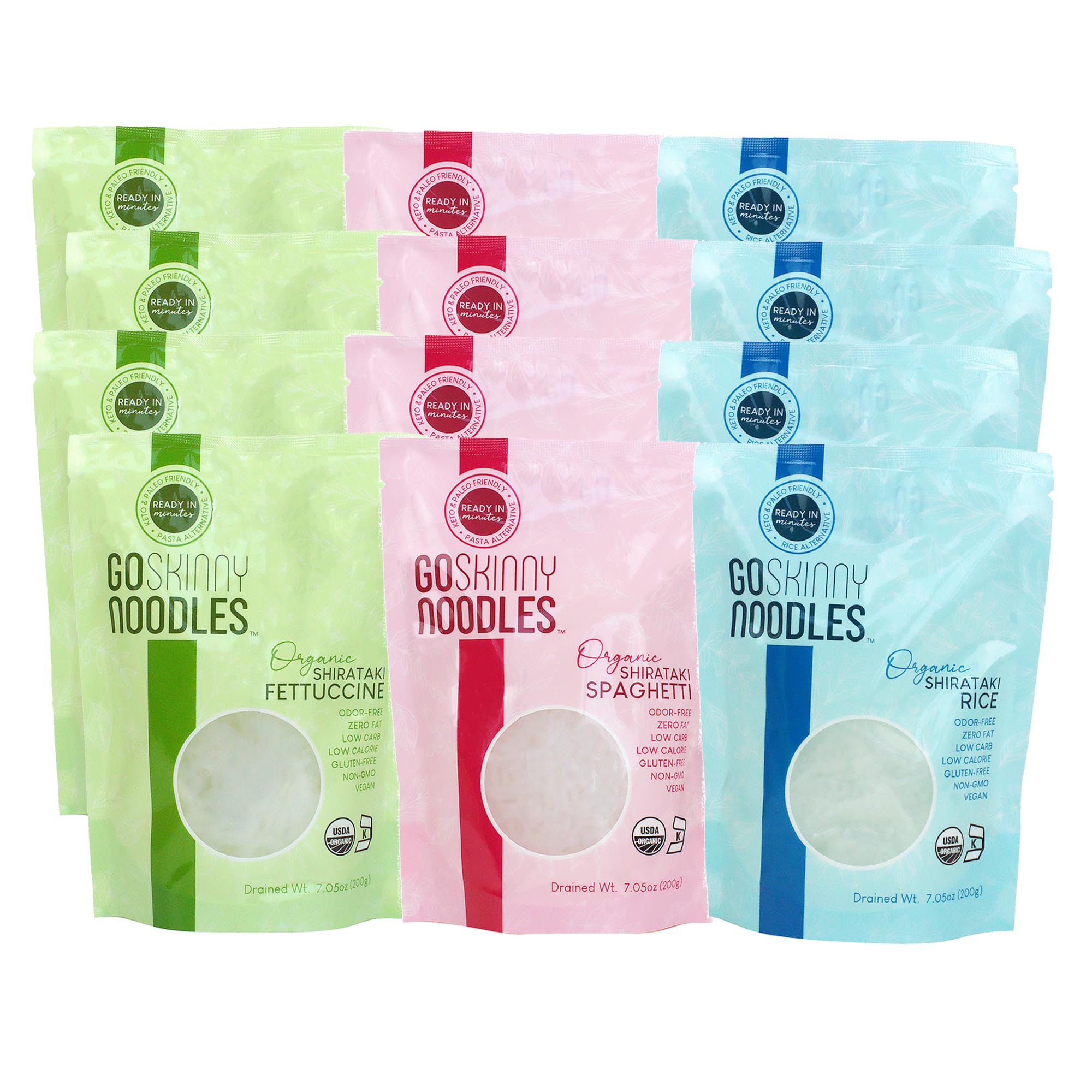 GoSkinny NoodlesCombo (12 Pack), Spaghetti, Fettuccine and Rice, Organic Shirataki & Konjac, Low Carb, Low Calorie, Gluten Free, Vegan, Keto, Ready in Minutes, Skinny Noodles, 7.05 ozUSDA Organic