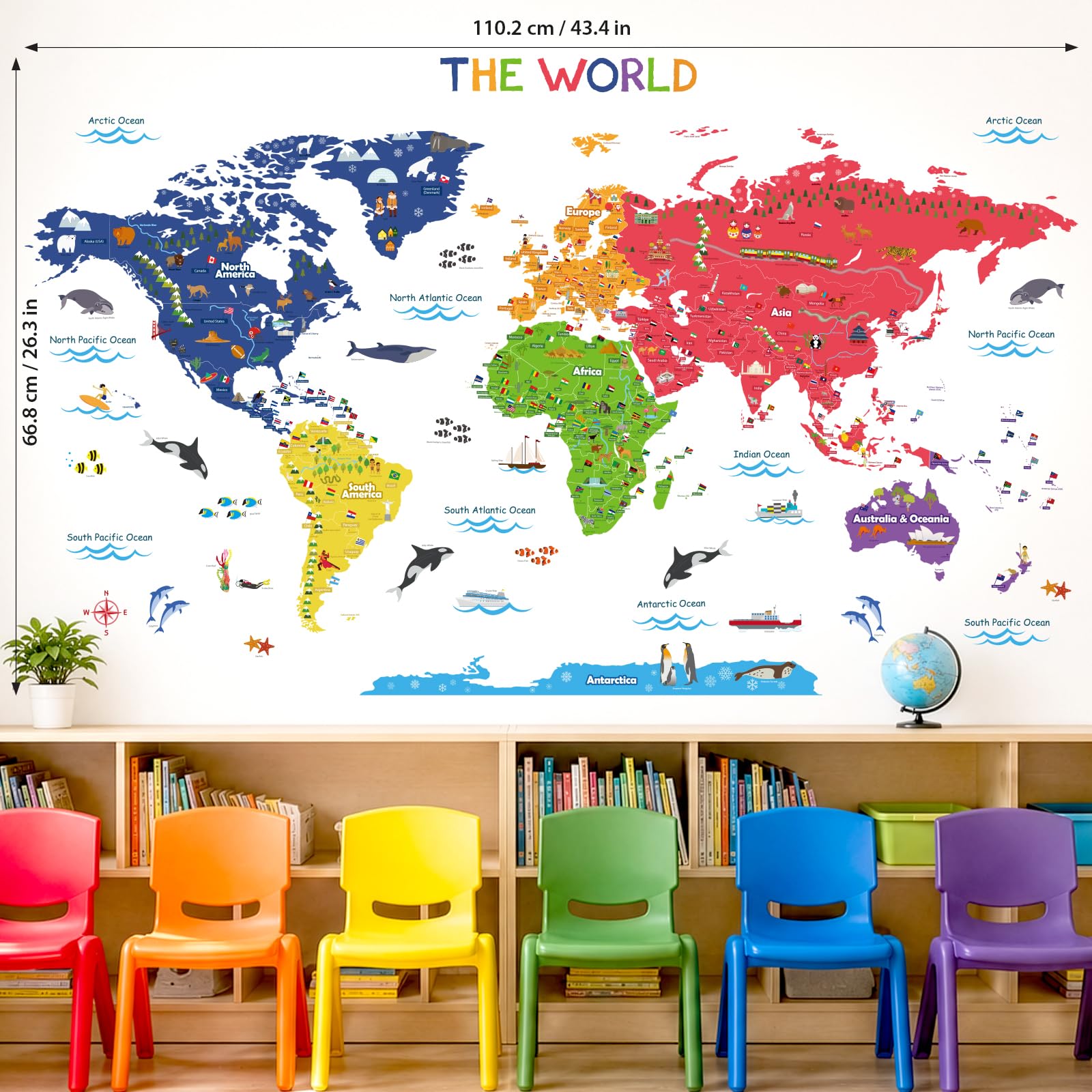 DECOWALL Mappa del Mondo Adesivo da Parete – Adesivo Removibile per Bambini, Decorazione Educativa per Camera da Letto, Stanza dei Bambini e Soggiorno (SG2-115)