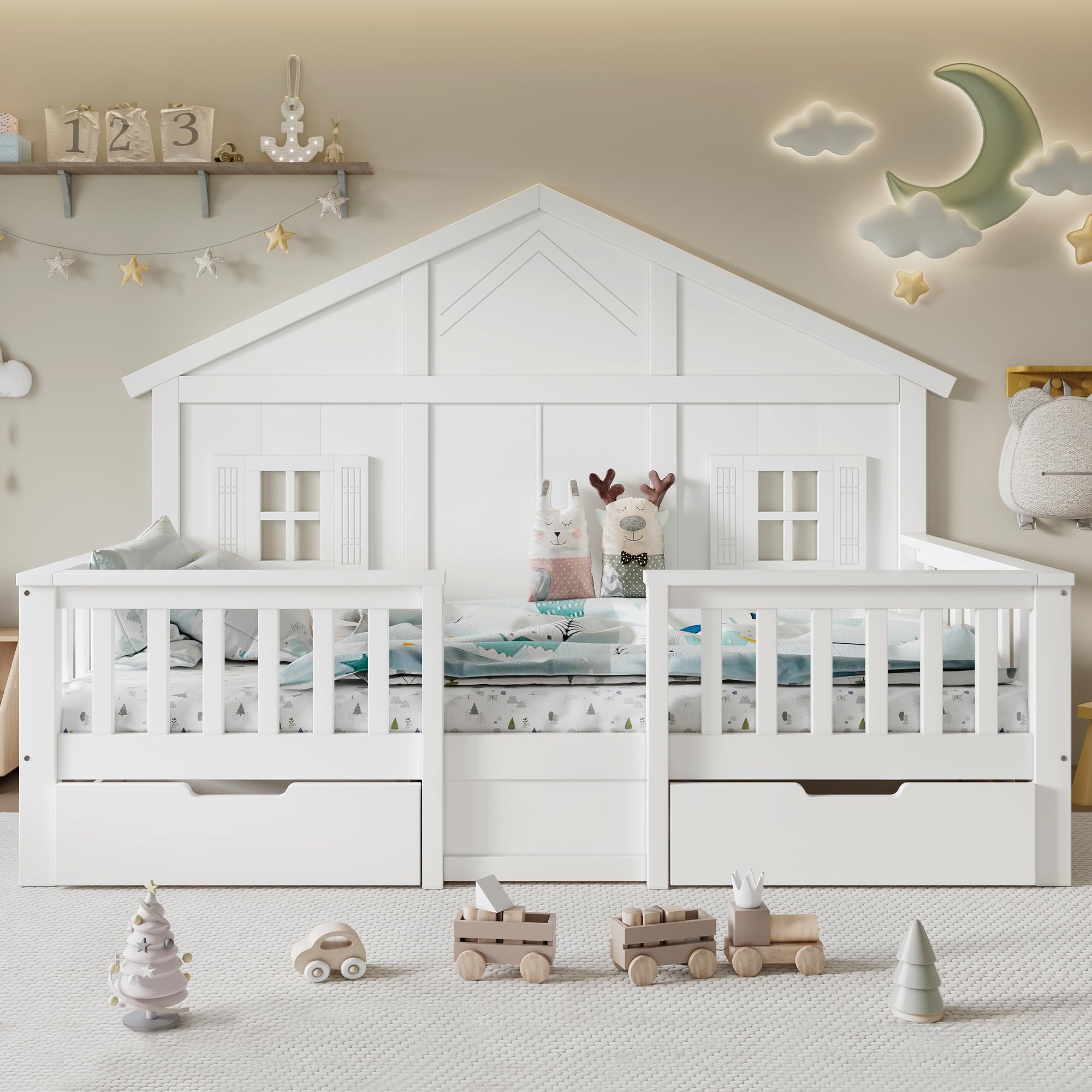 Letto Casetta per Bambini Ragazzi 90x200cm con 2 Cassetti, Letto a Forma di Casa con Finestre e Tetto, Rete a doghe, Struttura letto in pino (Senza Materasso)