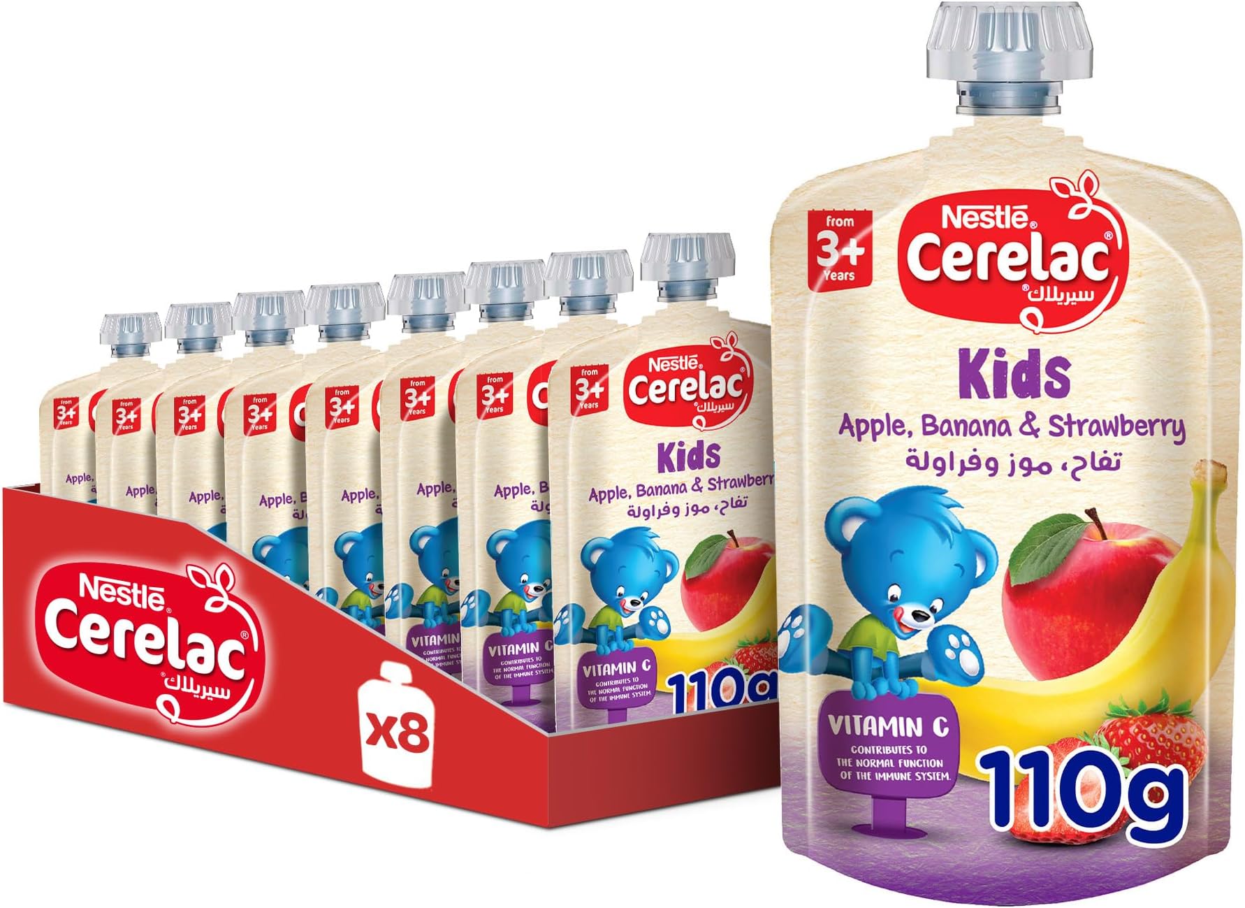 Nestle Cerelac Kids Fruits Apple, Banana & Strawberry Puree pouch. High in Vitamin C. 100% Natural Fruits, No Added Sugars, No artificial flavors, No preservatives. 110G (Kids) (36m)+ (8 Pouches)