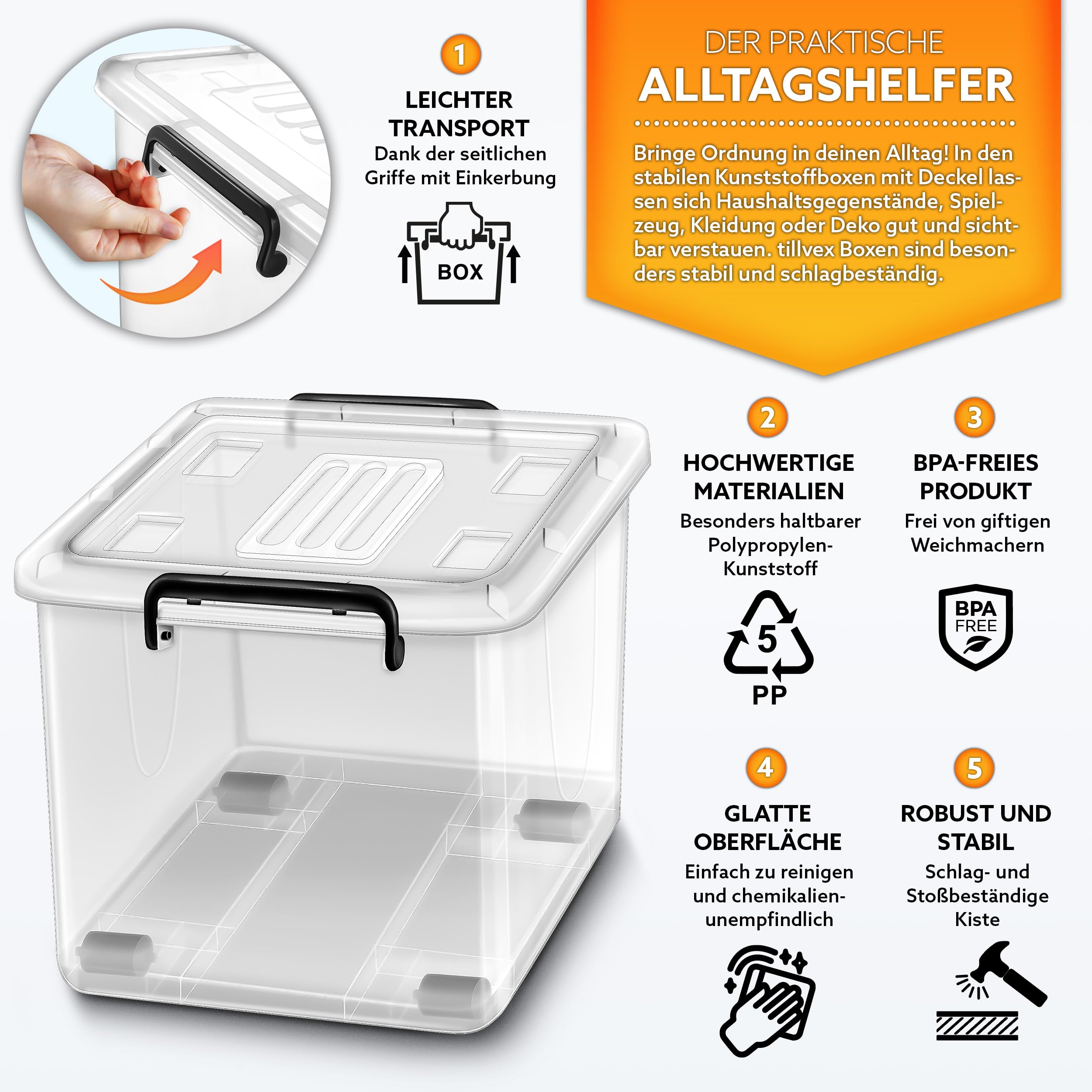 tillvex® Aufbewahrungsboxen mit Deckel 6er Set - 42 Liter, lebensmittelecht | Kunststoff Boxen Set stapelbar | Aufbewahrung Ordnungssystem Box groß | Aufbewahrungsbox Kleiderboxen 100% Neumaterial