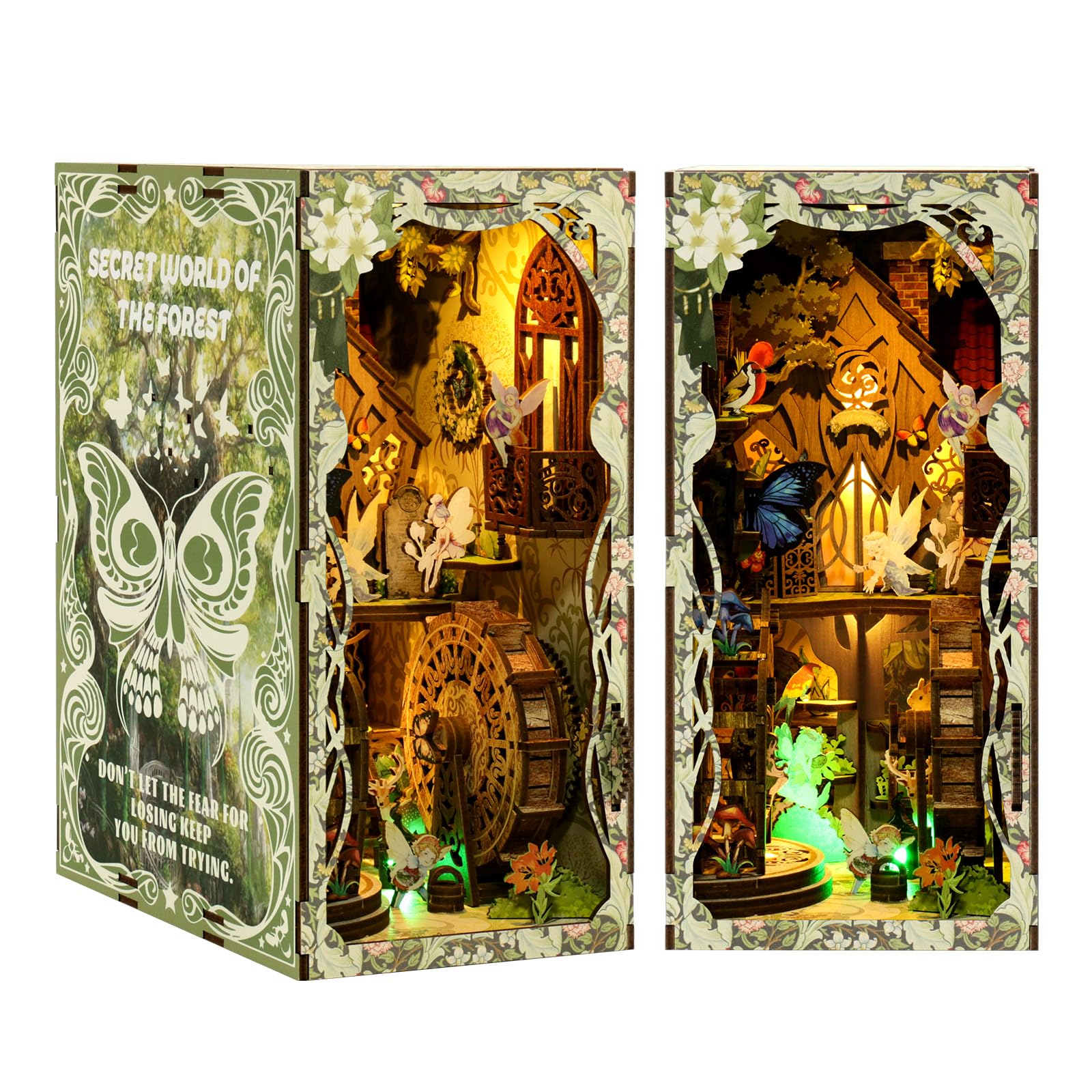 IBOHEYE Book Nook with LED Light - 3D Puzzles for Adults, DIY Miniature House Kit,3D Creative Decorative Bookend, Book Shelf Decor, Perfect, Dollhouse Book Nooks - Secret Forest