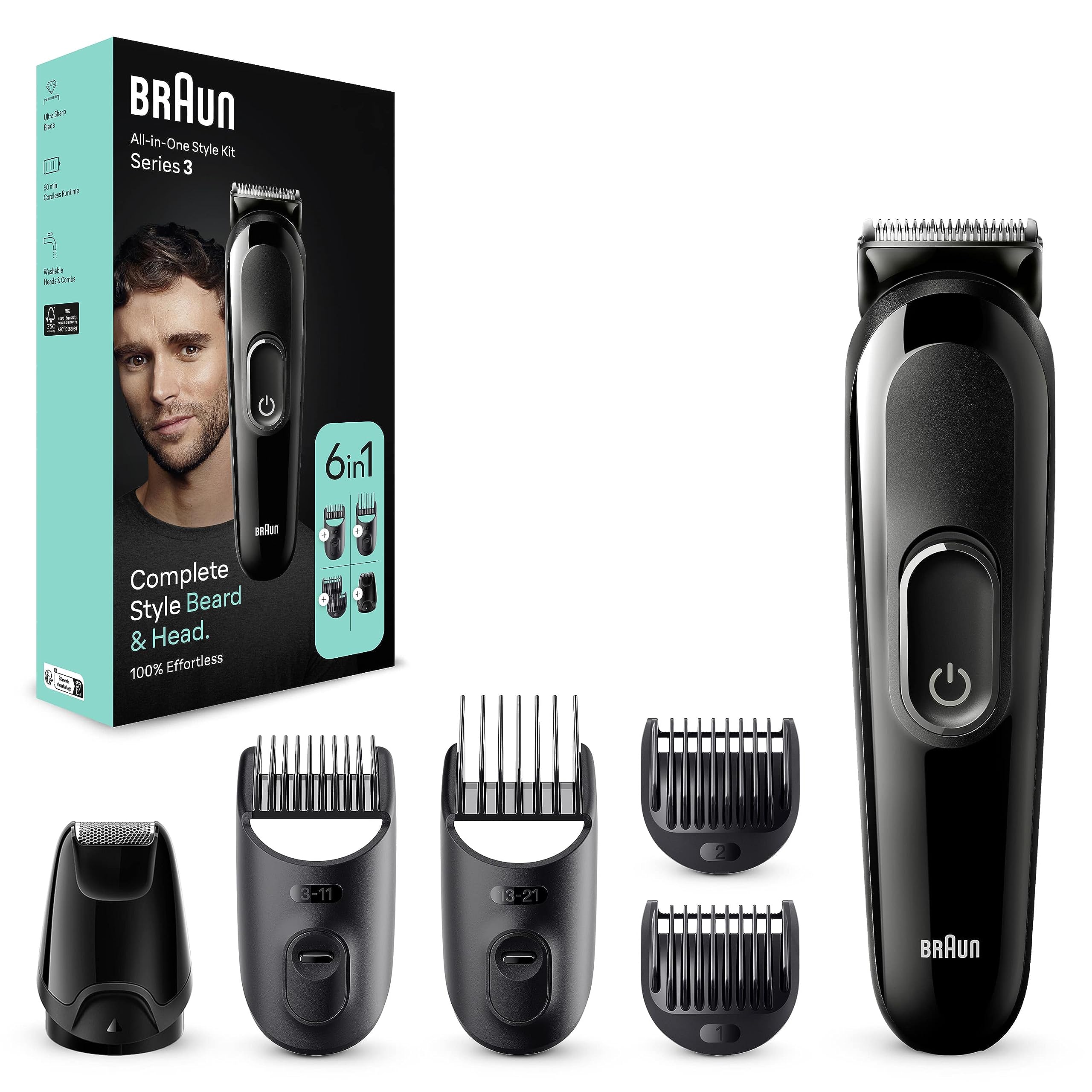 Braun MGK3421 Series 3 6-in-1 Tägliches Pflegeset für Männer zum Trimmen von Bart Haarschneiden, Waschbare Köpfe und Kämme Wiederaufladbar