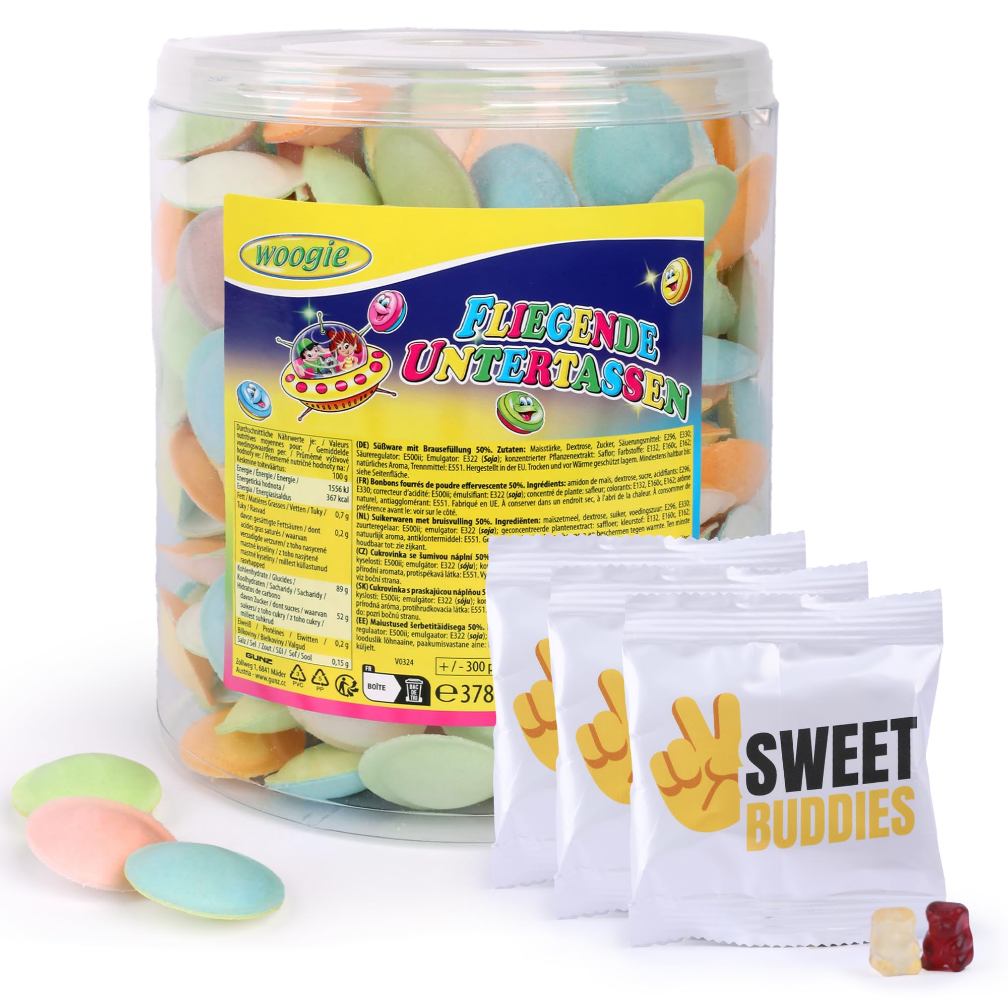 Woogie Soucoupes volantes 378g env. 300 pièces - OVNIs effervescents multicolores en gaufrettes de papier alimentaire - Friandises rétro cultes pour fêtes, anniversaires d'enfants & classes d'école