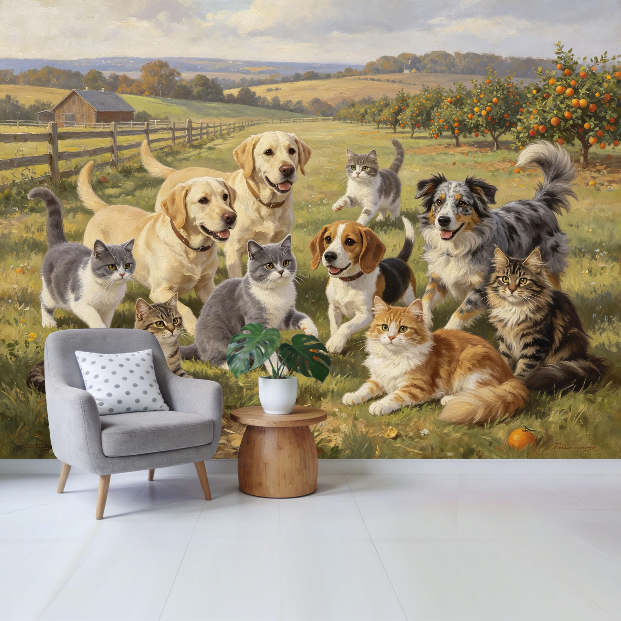 Qzlithotic Yq2605251236 Custom Size Wall Mural Farmhouse Countryside Dogs And Cats Oil Painting Style Selfadhesive Wall Fabric Removable Wallpaper For Home Office Decor