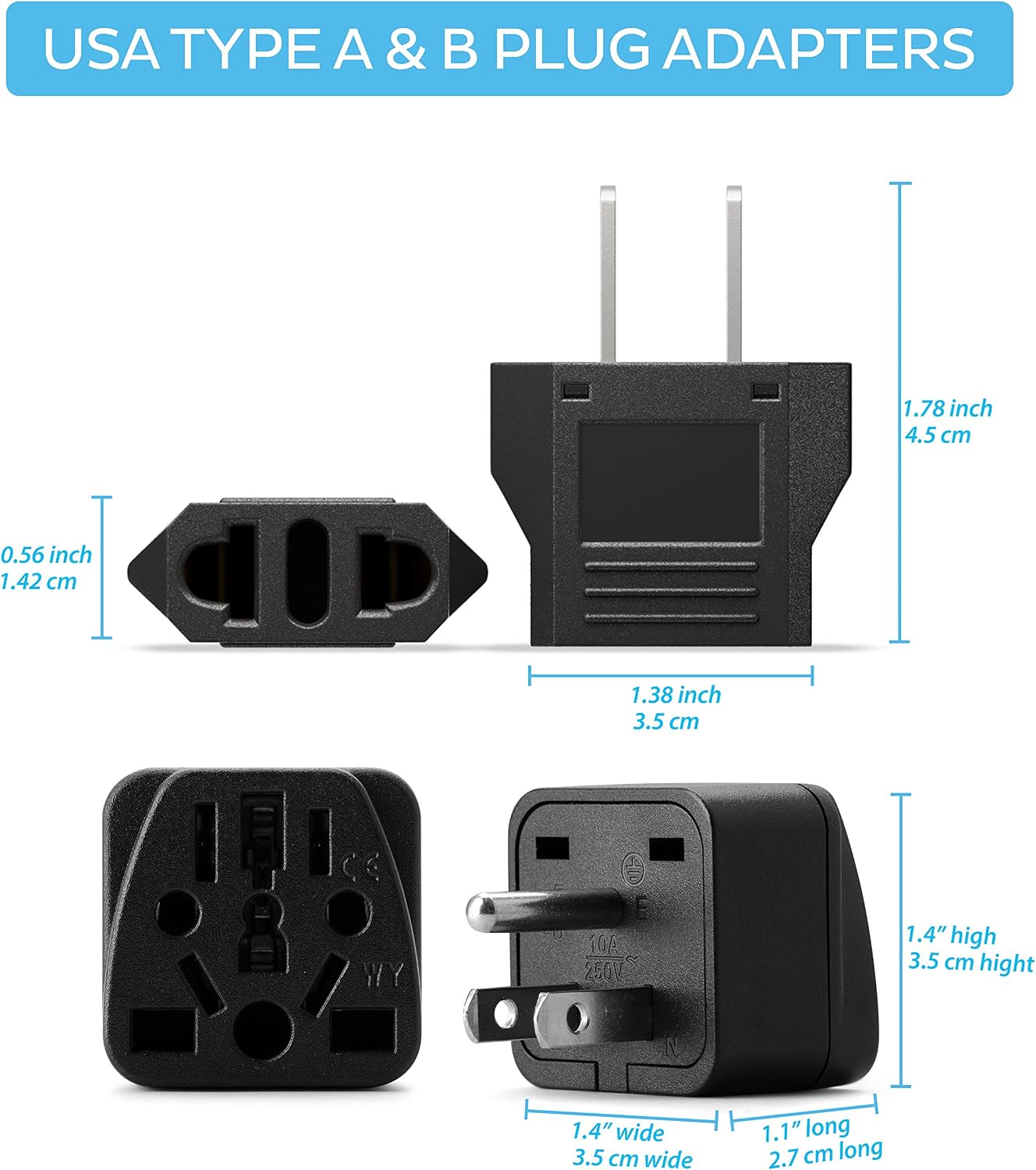 2-Pack US Plug Adapters, European to USA Plug Adapter, Unidapt EU/UK/AU/in/CN/JP/Asia/Italy to US Sockets, American Outlet Adapter, Travel to Mexico USA Canada Travel Power Plug Adapter (Type A & B)