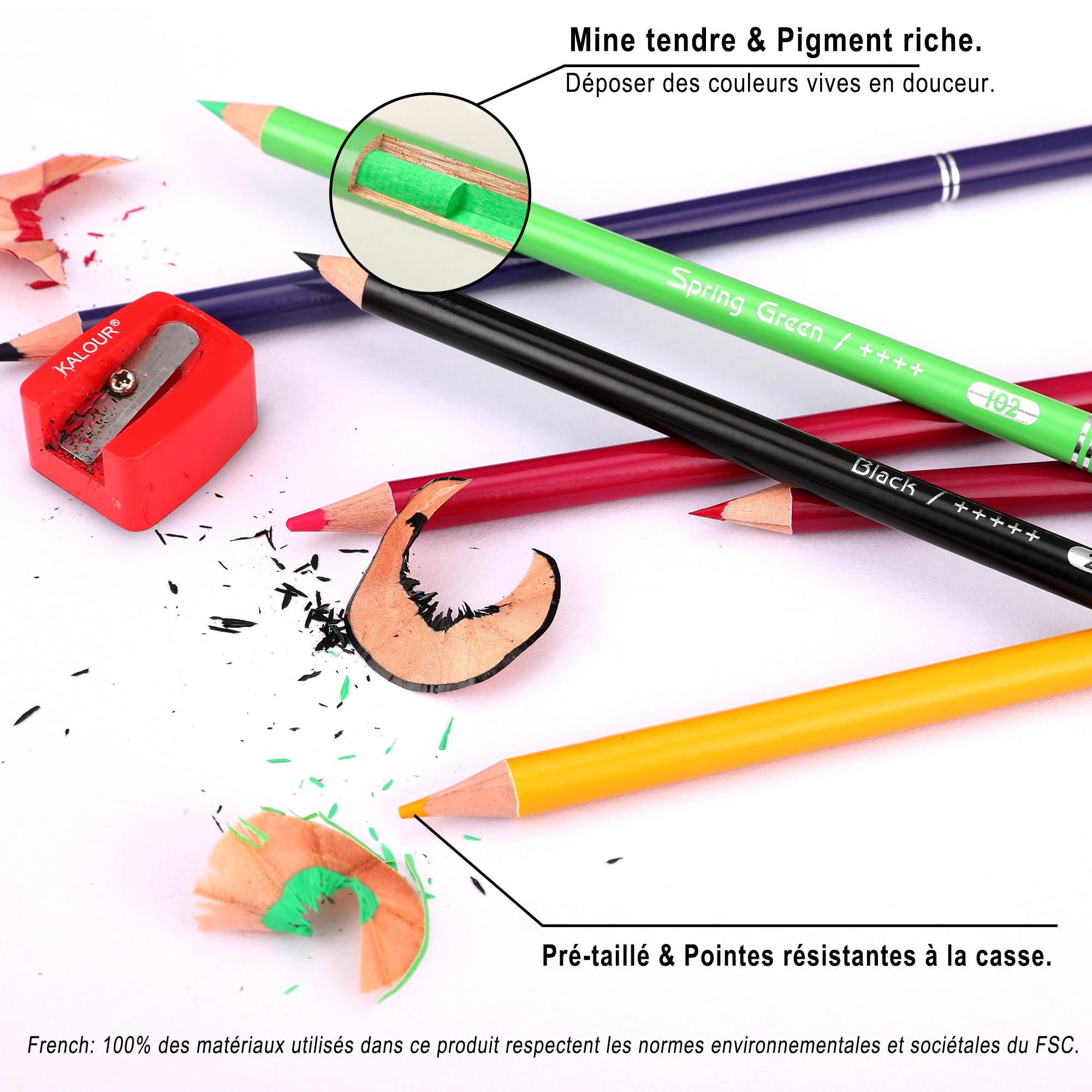 KALOUR PDAS Lot de 200 crayons de couleur pour livres de coloriage pour adultes avec tutoriel et nuancier, 180 crayons de couleur pour artistes, 12 crayons aquarelle, fournitures artistiques