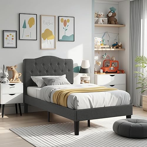 Miniatura 132 de VECELO Base de cama de tamaño matrimonial con cabecera ajustable copetuda, base de colchón, soporte de listones de madera, fácil montaje, color gris