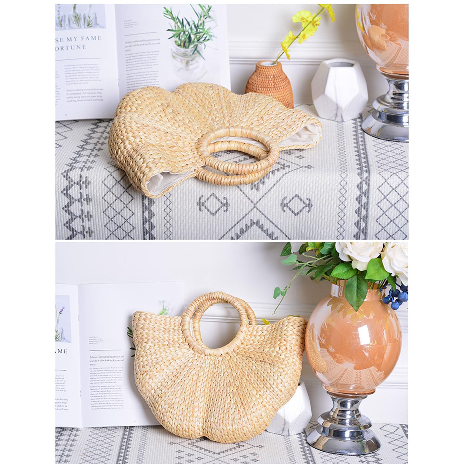 Strohtasche, elegante Strandtasche, handgewebt, Strandmode, Urlaub, stilvolle Damen Strohhandtasche mit Top