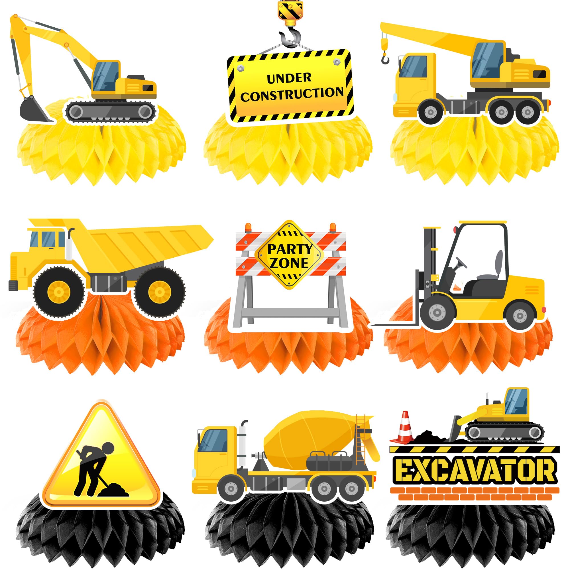 Construction Honeycomb Centerpieces,9pcs Construction Party Centerpieces,Construction Truck Honeycomb Centerpieces, Excavator Honeycomb Decoration,for Construction Birthday Party Supplies Decorations