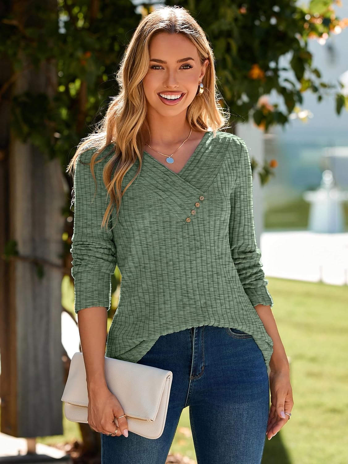 Glamaker Women's Fall Long Sleeve V Neck Tunic Tops Lightweight Button Casual Soft Loose Blouse Sweatshirts - Image 7