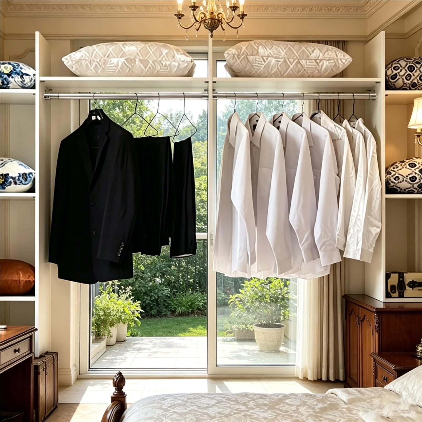TYNGBT Extendable Closet Hanging Rod, Adjustable Telescopic Wardrobe Pole with Mounting Hardware, for Home Clothing Storage