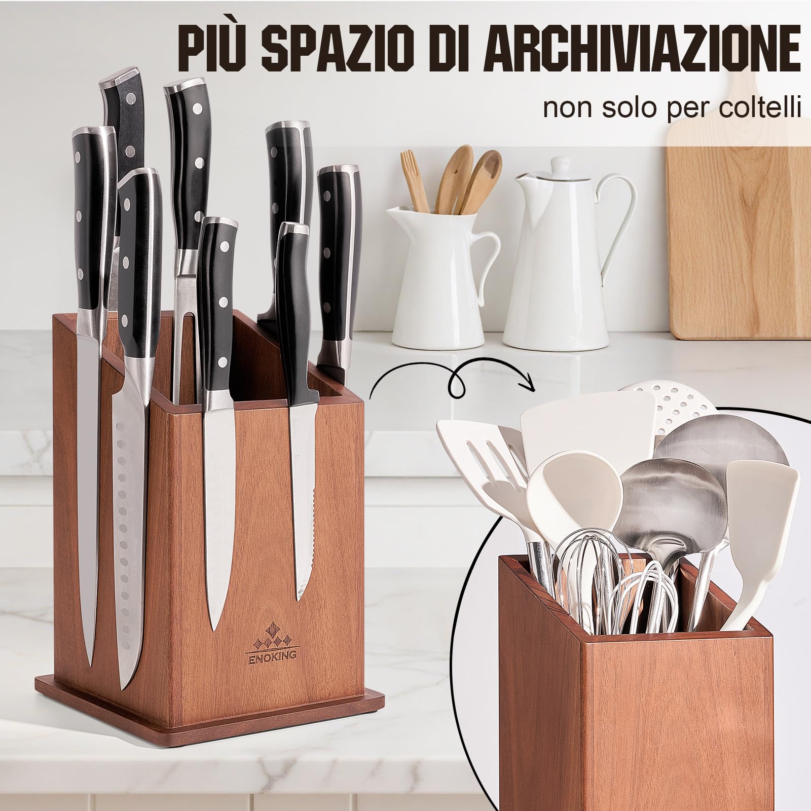 ENOKING Porta Coltelli Cucina Magnetico, Ceppo Coltelli da Cucina Vuoto, Portacoltelli da Cucina in Legno di Acacia, Porta Posate Cucina di Grande Capacità per Coltelli e Utensili da Cucina