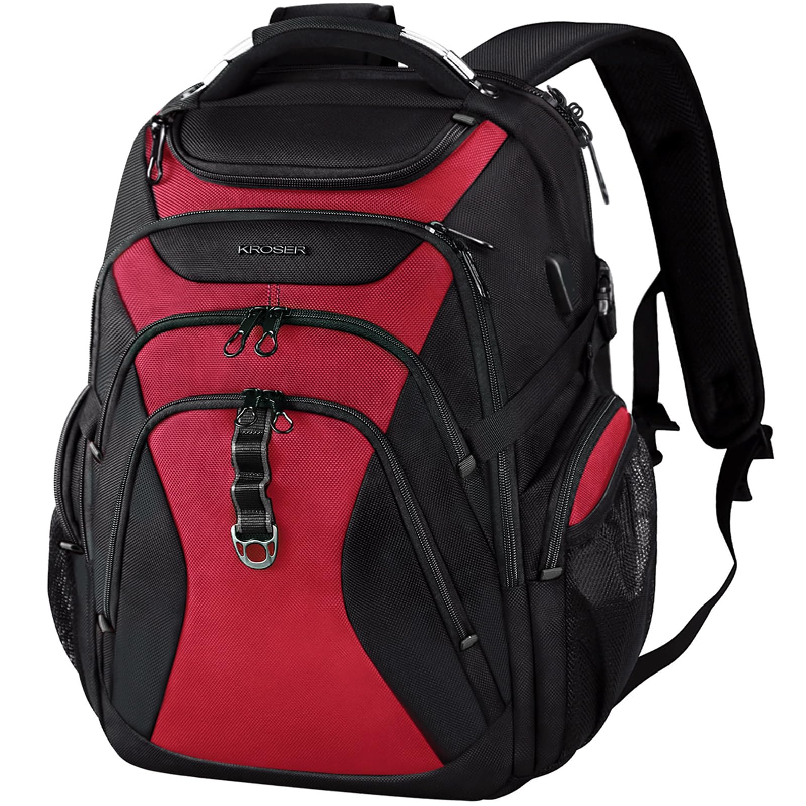 KROSER Laptop Rucksack Herren 18.4 Zoll Reise XXL BusinessRucksack Schwerlast Wasserdicht mit Hartgeschältem Sicherheitsraum Ladeanschluss RFID Tasche für Männer/Frauen-Schwarz Rot