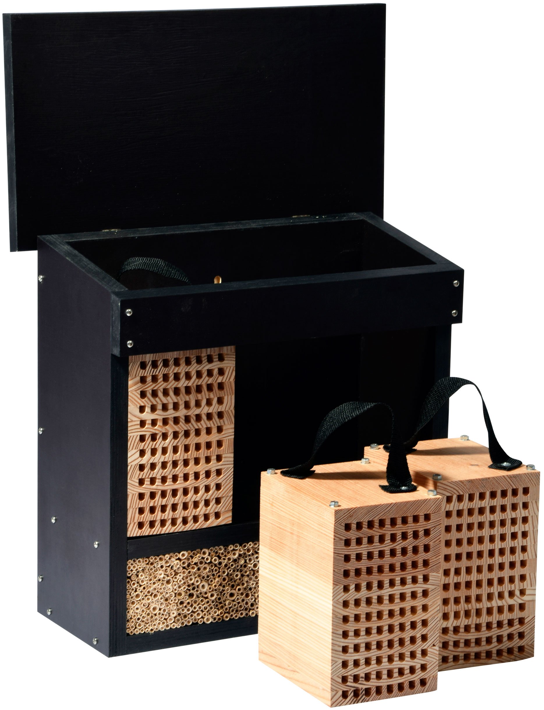 LUXUS-INSEKTENHOTELS 22700e Großes Profi-Wildbienenhotel - Wildbienen-Nisthilfe Holz - Insektenhotel mit Ständer - Wildbienenhaus mit Lärchenholz und Schilf - 42,5 x 18 x 150 cm - Dunkelbraun