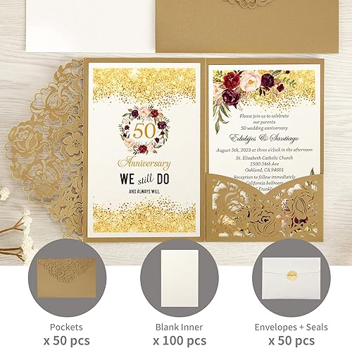 Vista 97 de DORIS HOME 50 bolsillos de invitación de boda cortados con láser con sobres azules, tarjetas de invitación de 5.12 x 7.12 pulgadas para boda