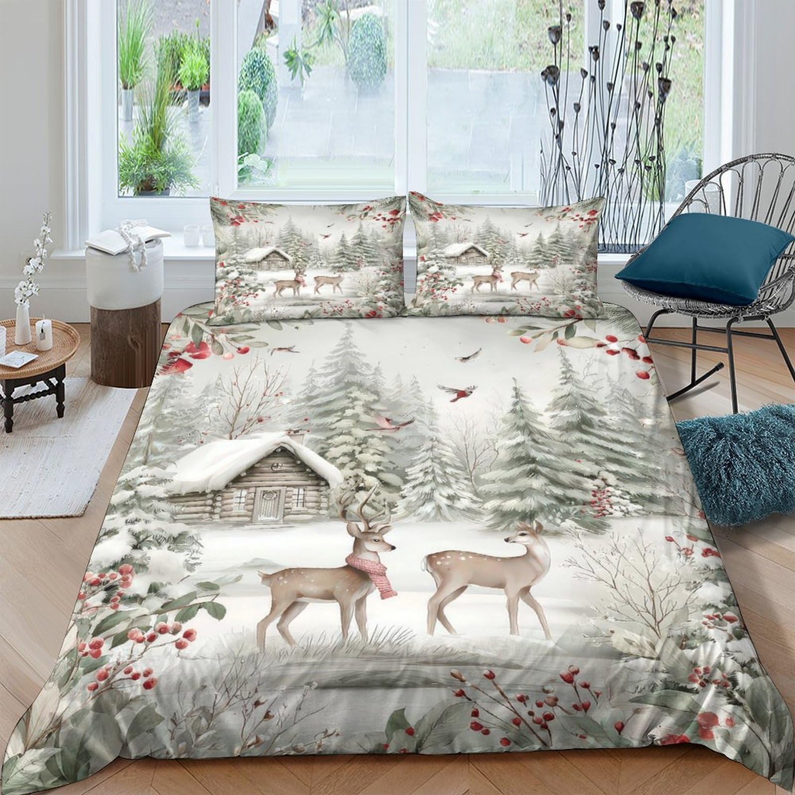 GPLZQXKJNH 3D Printed Winter Forest Deer Duvet Cover Microfiber Soft Breathable Snow Cabin Bedding Set with 2 Pillowcases for Bedroom Home Single（135x200cm）
