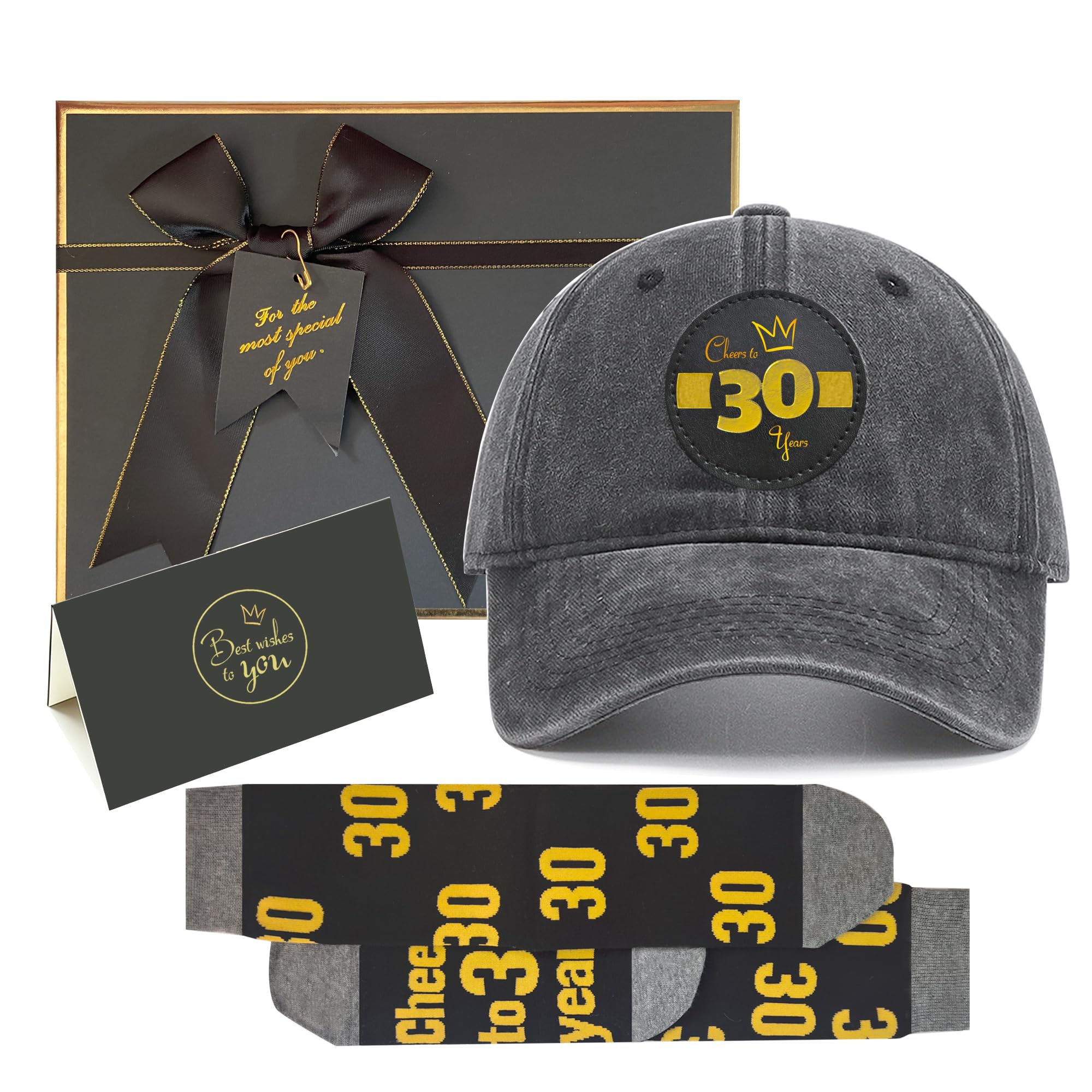 Sotpot Ready Gift 30th Birthday Gift Set for Men, Vintage Washed Black Cap Gold Foil Patch, 30th Socks, Gold Foil Card & Metallic Edged Gift Box, Gifts for Husband, Dad