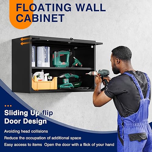 Vista 85 de Yizosh Armario de garaje de metal con puertas, armario de almacenamiento montado en la pared, gabinete de herramientas flotante para sótano, cocina