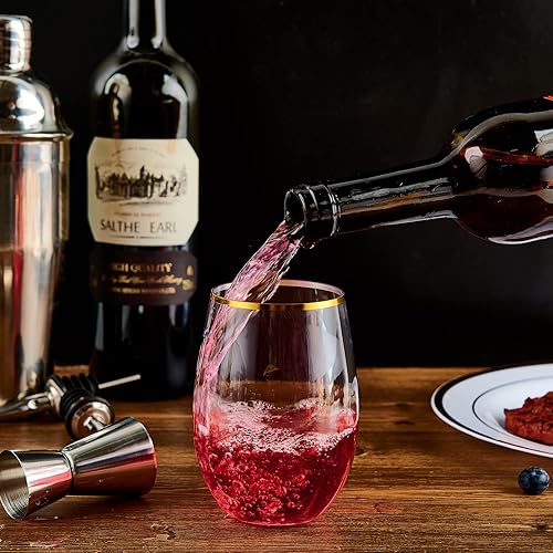 Miniatura 4 de FOCUSLINE 20 copas de vino de plástico de 16 onzas, borde dorado sin tallo, vasos desechables resistentes, reutilizables, inastillables para fiestas