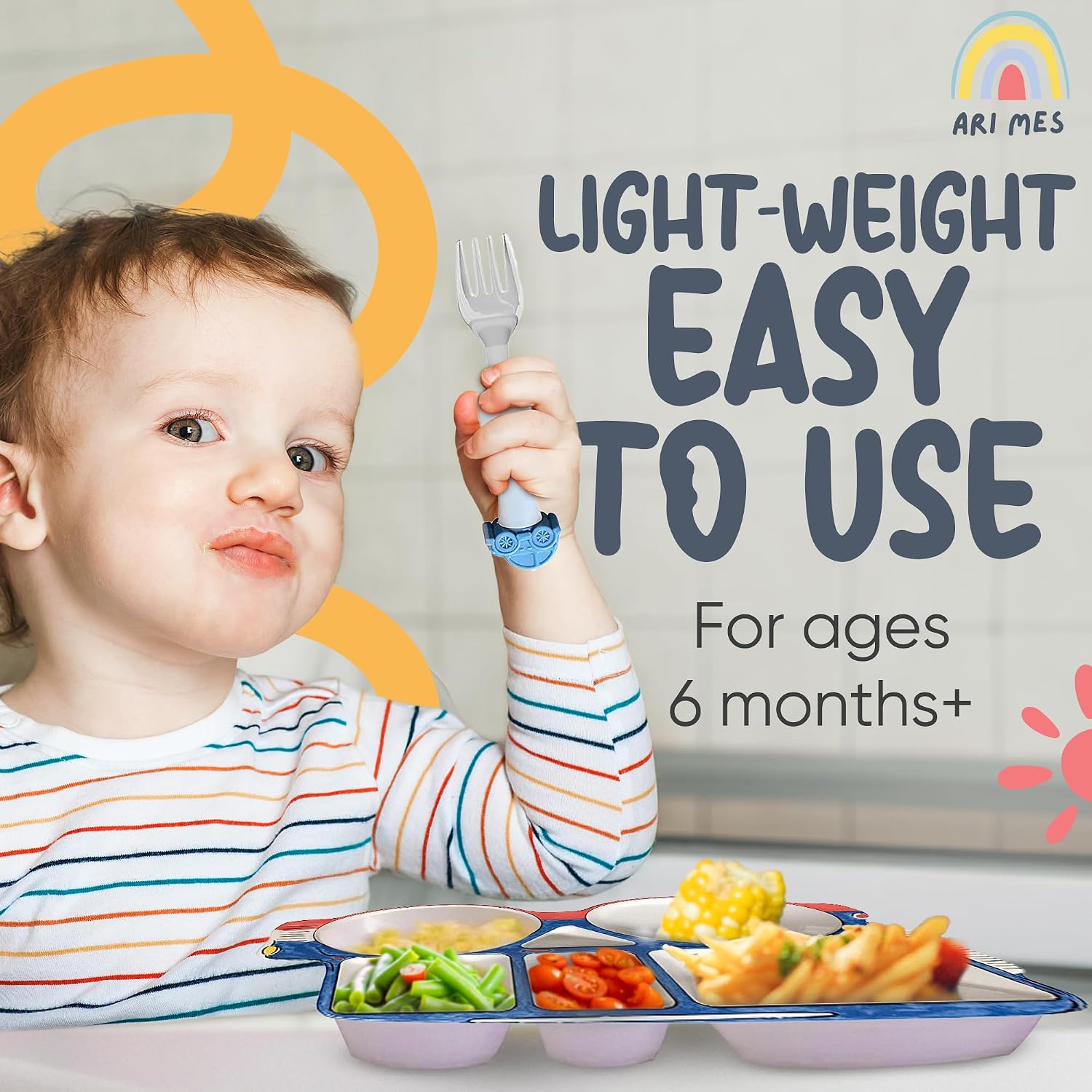 ARI MES - Divided Car Plate for Toddlers with Spoon and Fork - Fun, BPA-Free, Shatter- Resistant, Lightweight, Picky Eaters Kids Dinnerware Set, Children's Utensils
