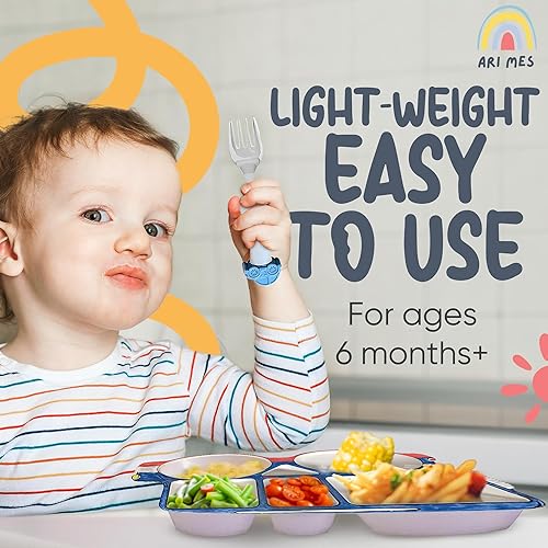 Miniatura 4 de ARI MES - Placa dividida para niños pequeños con cuchara y tenedor - Divertido, sin BPA, resistente a los golpes, ligero, juego de vajilla para