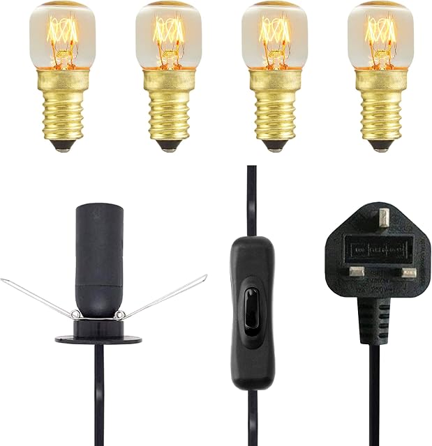 Salt Lamp Replacement Light Fitting with Button + 4 Units of 15 Watt E14 Incandescent Oven Bulb. Black Power Cord Cable Comes with Certified E14 Bulb Holder, Button and British Standard Plug