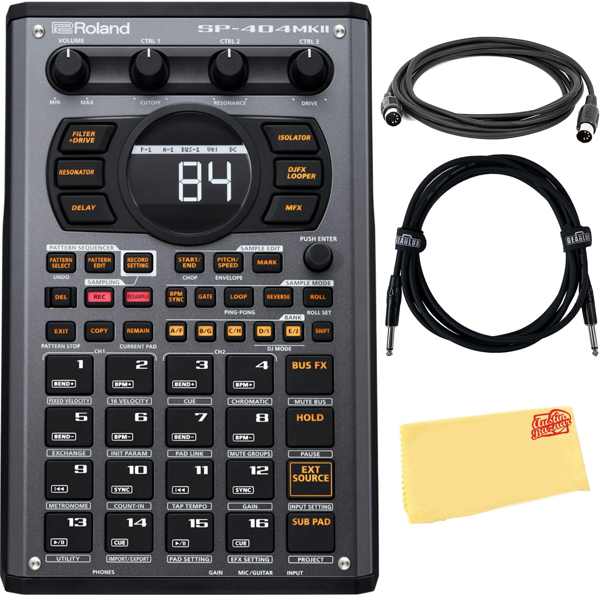 Roland SP-404MKII Creative Sampler and Effector Bundle with MIDI Cable, Instrument Cable, and Austin Bazaar Polishing Cloth