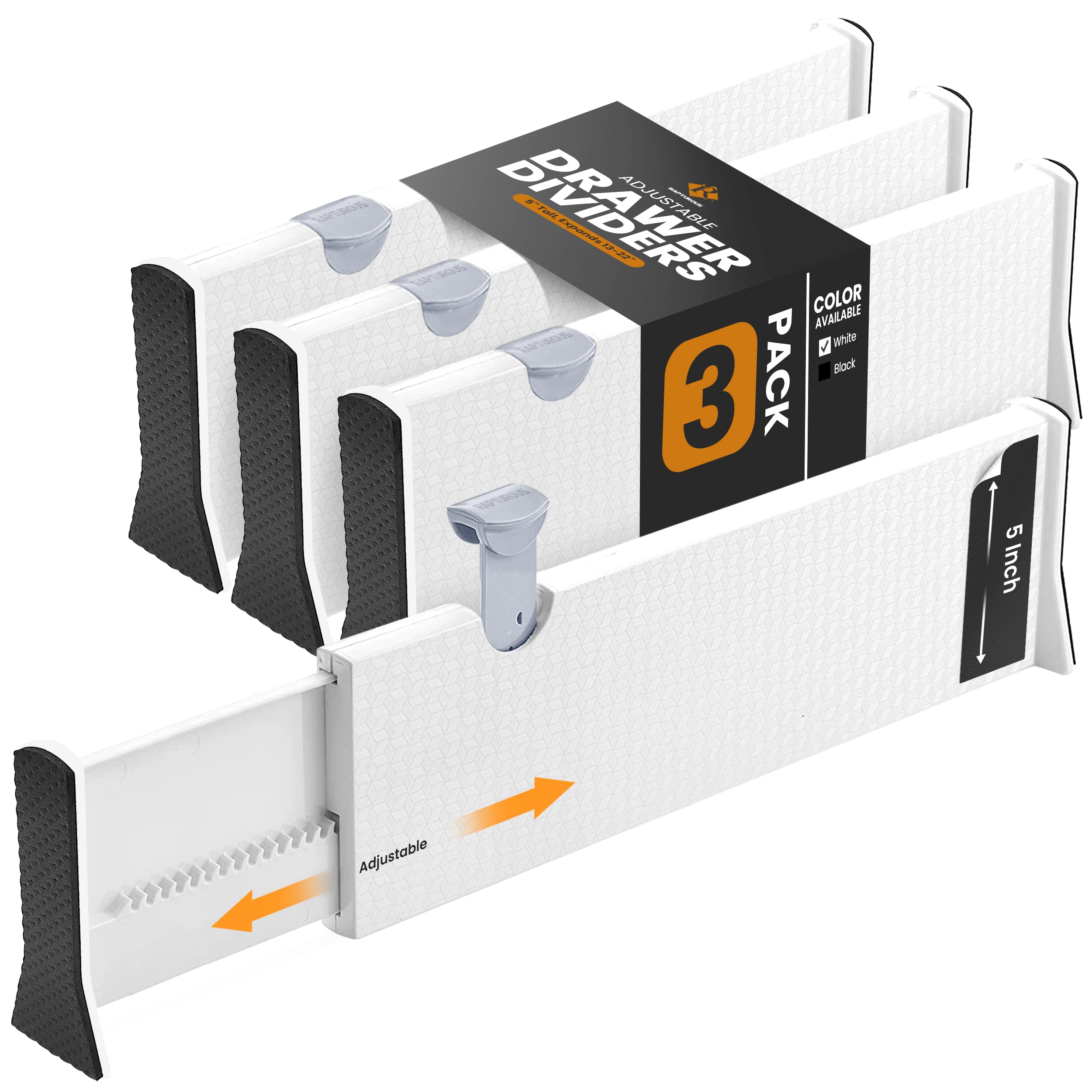 RAPTUROUS Drawer Dividers - Pack of 3-5" Tall and Expandable from 13-22" Dresser Drawer Organizers - Adjustable Drawer Organization Separators for Kitchen, Bedroom, Bathroom & Office Drawers