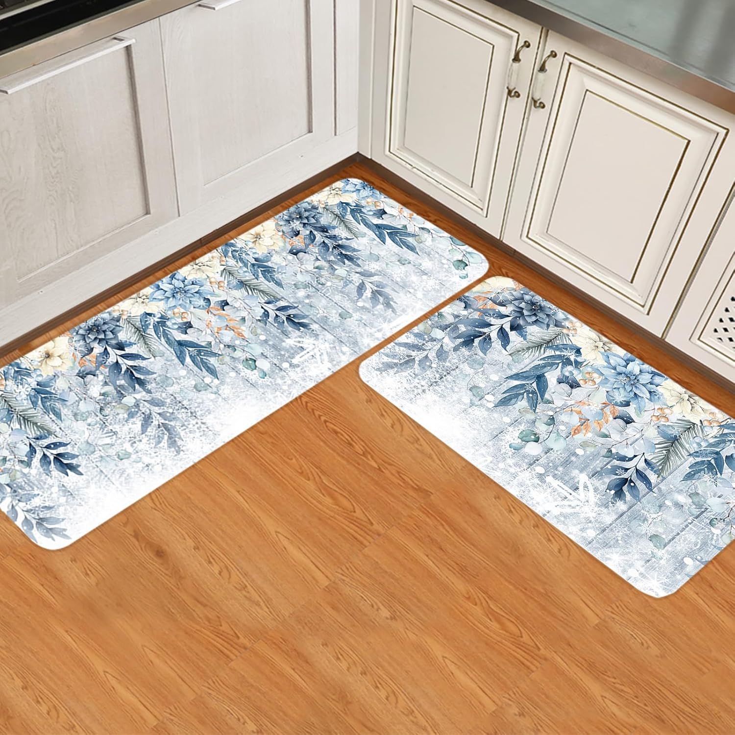 Kitchen Mats for Floor 2 Piece, Christmas Wood Checkered Berry Pine Cone Winter