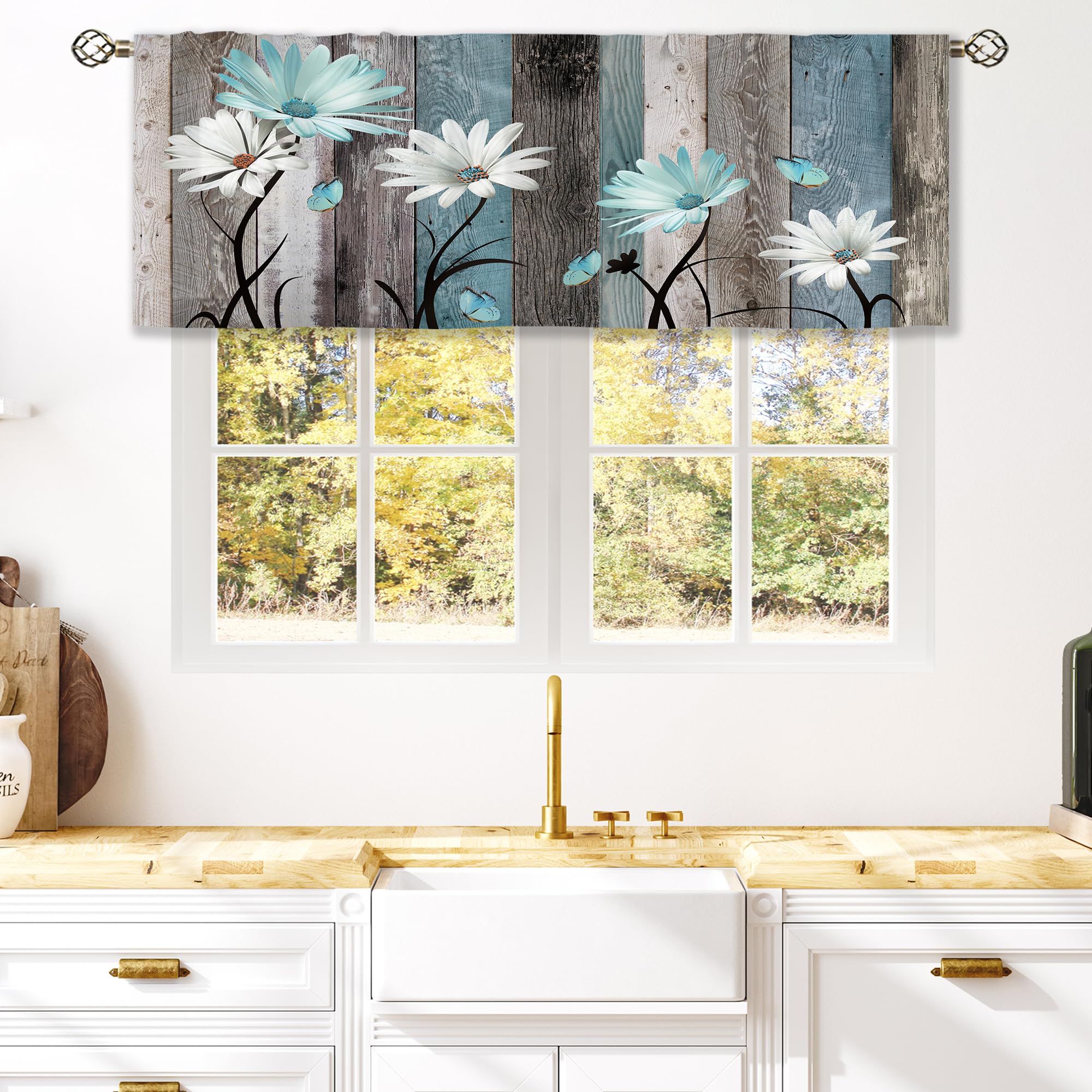 Laifzere Teal Farmhouse Daisy Curtain Valance for Window Treatments Wooden Flower Rod Pocket Kitchen Treatment Rustic Floral Butterfly Country Drapes