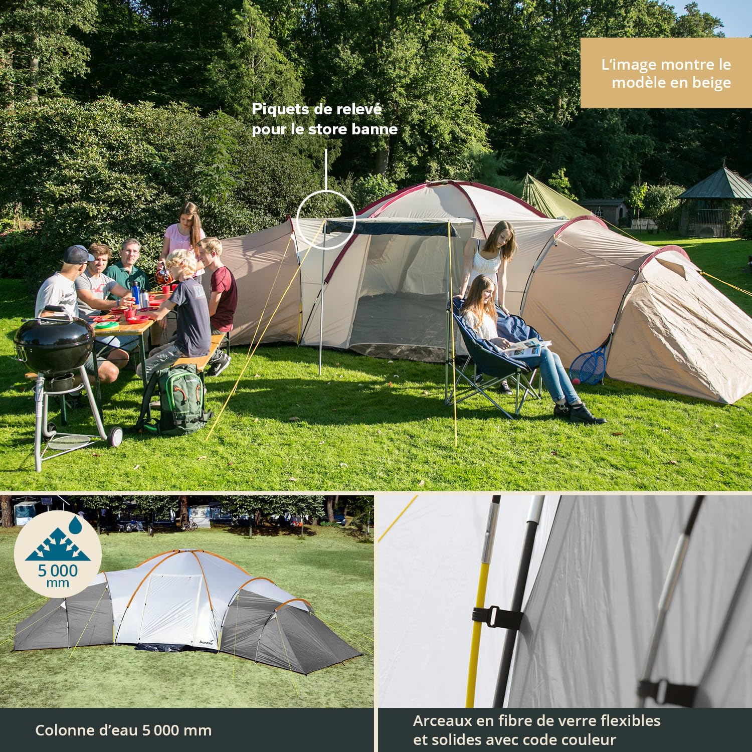 Skandika Corse/Turin Tente dôme pour 10-12 Personnes | Grande Tente familiale, 3 cabines de Couchage, 200 cm de Hauteur Debout, Colonne d'eau 5000 mm | Extérieur, Camping, Famille
