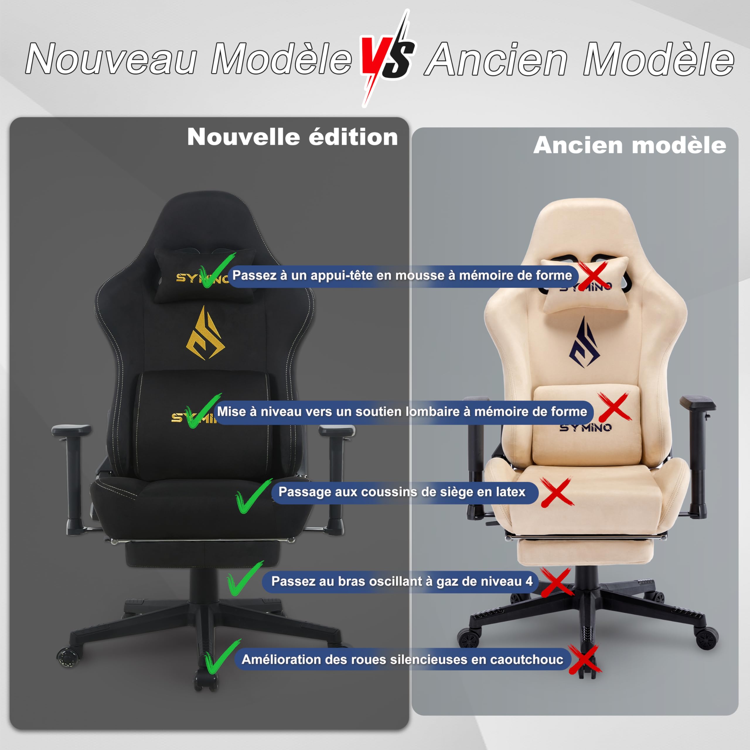 Symino Chaise Gamer XL, Siège Large Mousse+Latex, Support Lombaire & Tête, Inclinaison 175°, 300kg, Roues Silencieuses Incluses (Faux Daim, Noir)