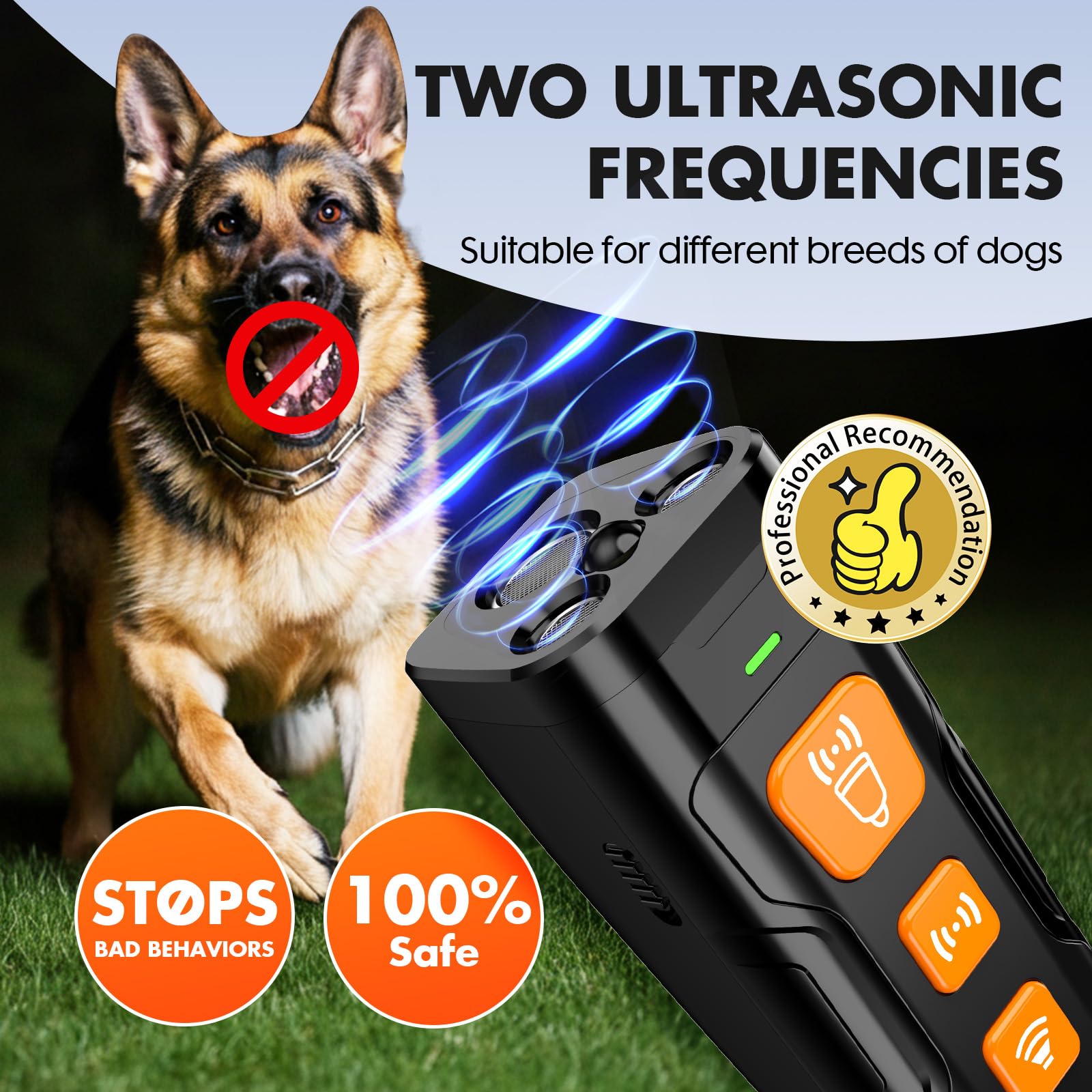 Dispositivo disuasorio de ladridos de perro, 3 veces ultrasónico anti ladridos, 6 modos de entrenamiento de 23 pies, no más ladridos en interiores y exteriores, comportamiento correcto, seguro y