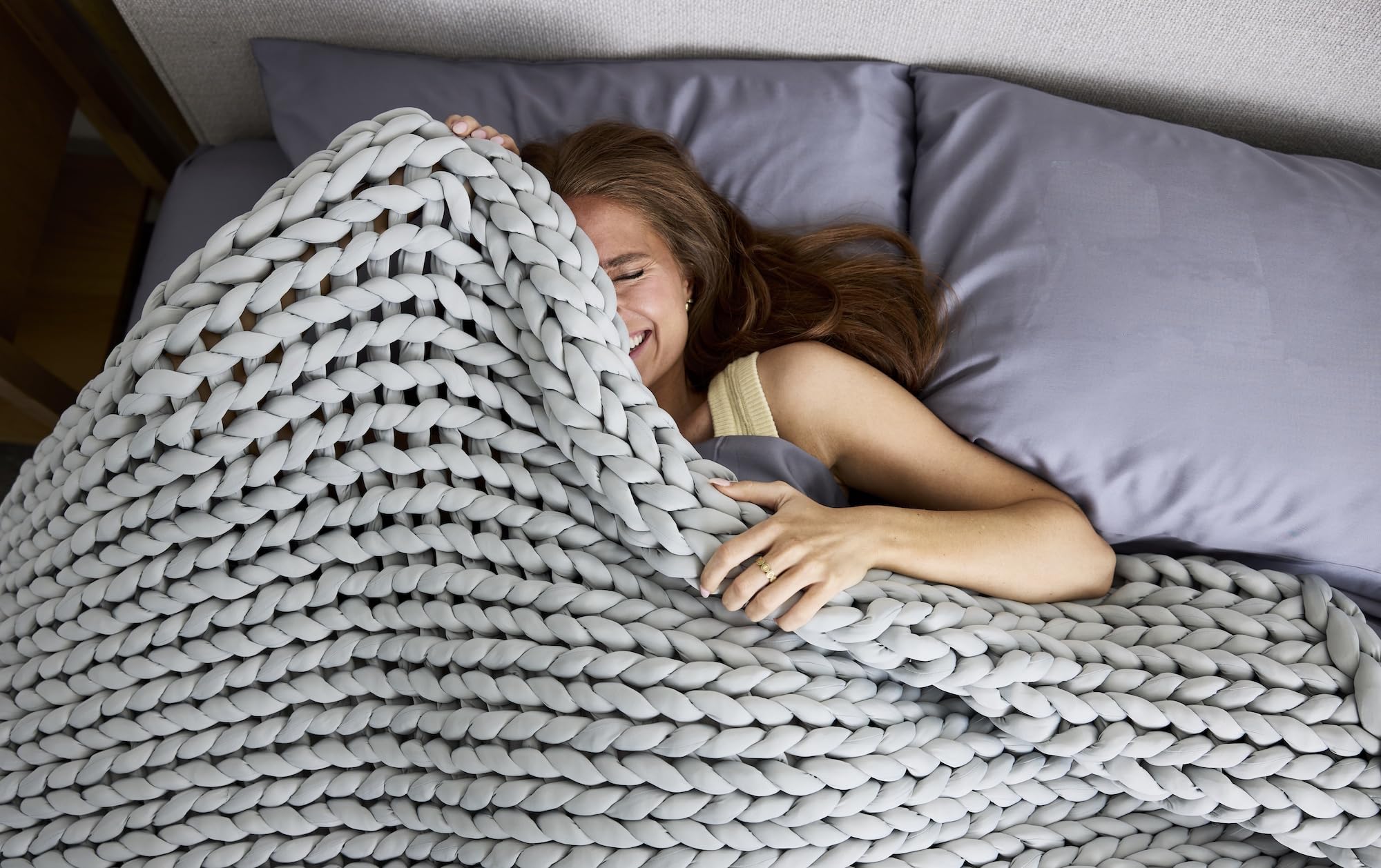 Nuzzie Original Knit Weighted Blanket- Breathable, Cooling, Hand Made Knit Throw Blanket for Sleep - Machine Washable, Stylish Design (Light Grey, Throw | 12lbs | 44"x60")