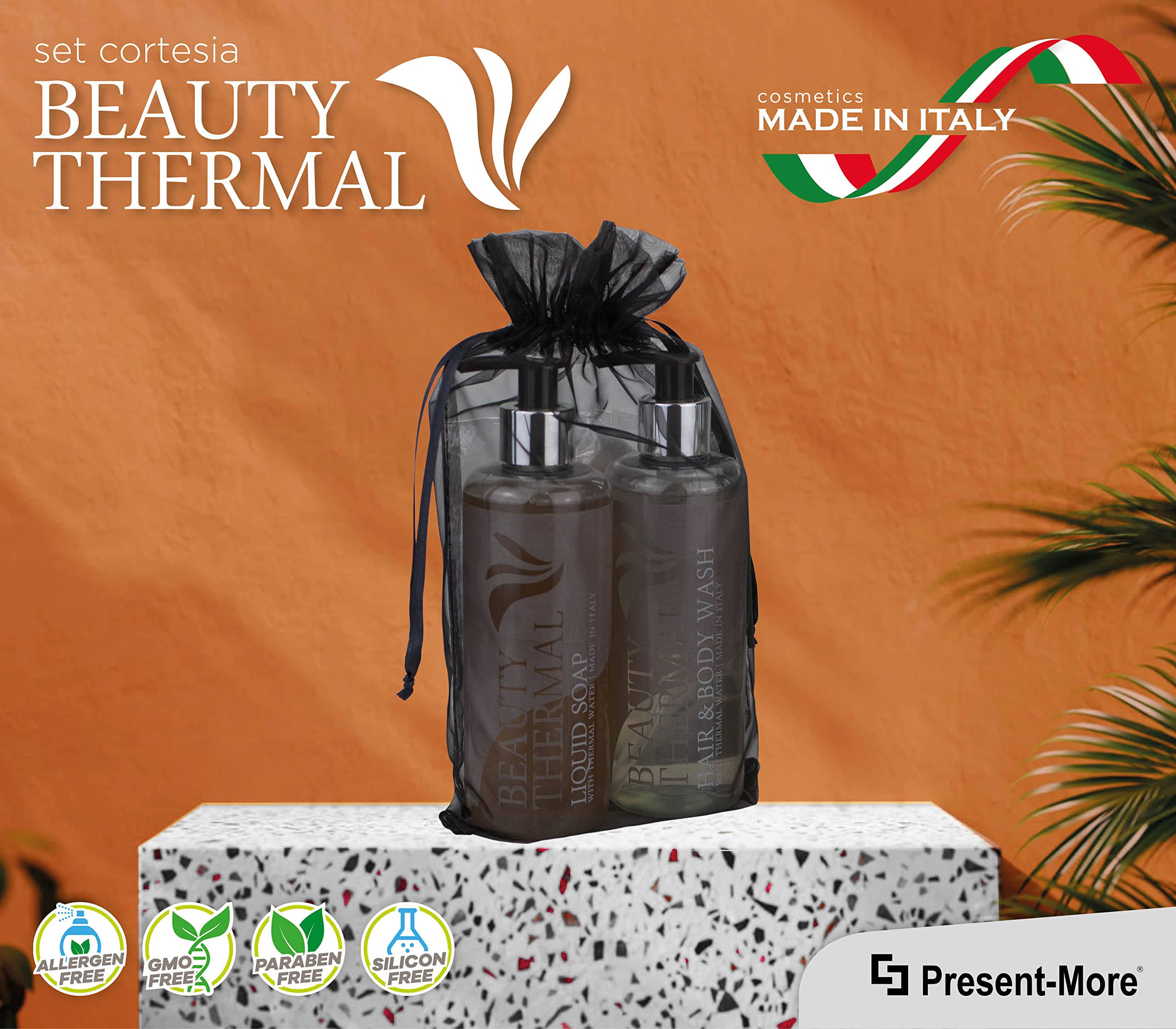 Present-More Geschenkset (Duschshampoo + Flüssigseife) Beauty Thermal - Prestige Kit Toilettenartikel 100 Gäste für Hotels und B&B | Allergenfreie Amenities Kit mit Duftnote Orange und Zimt