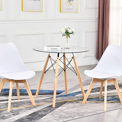Miniatura 7 de Mesa de comedor redonda de cristal pequeña, mesa de cocina moderna circular de 32 pulgadas con patas de madera para cenar, espacios pequeños