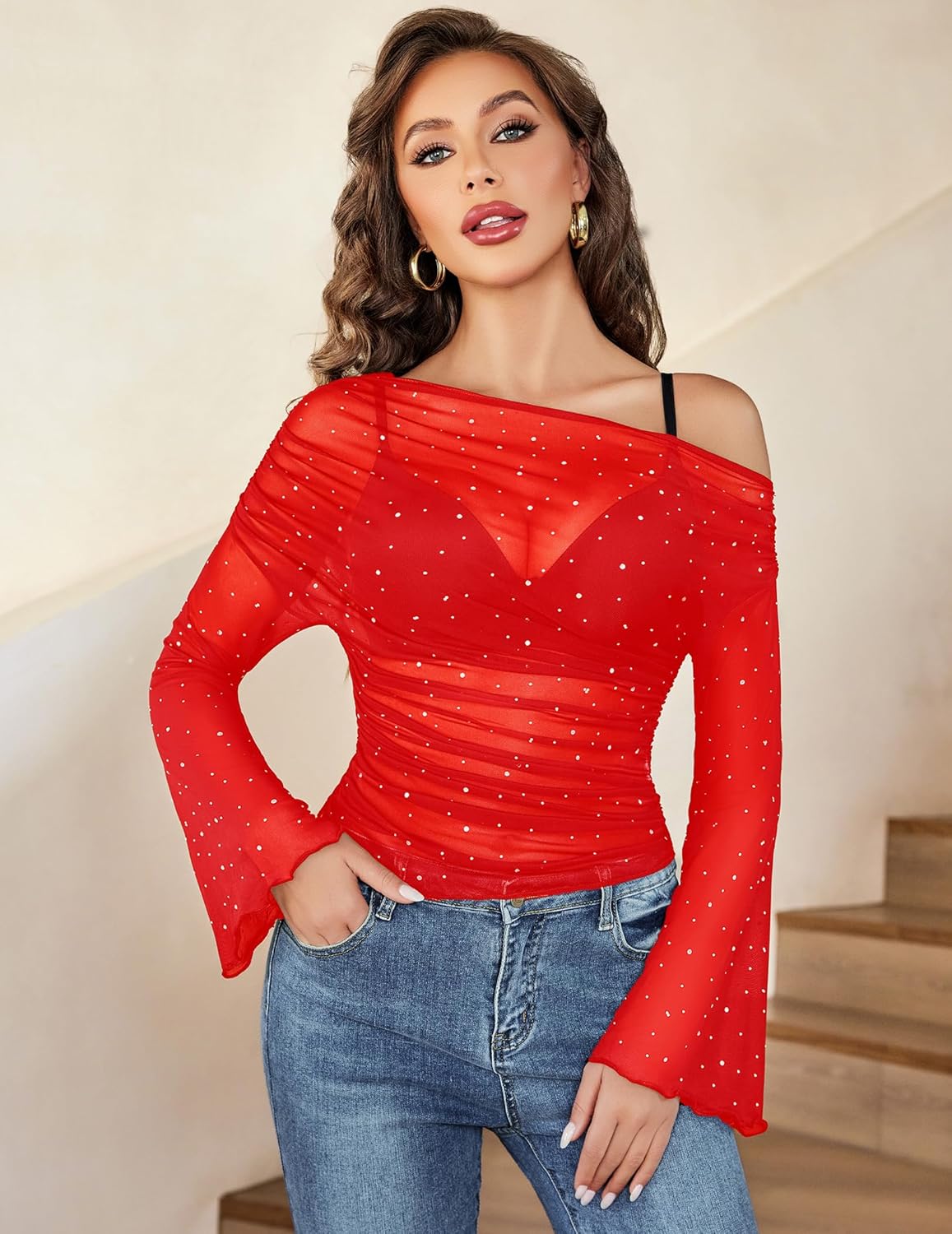 Avidlove Mesh Top for Women Long Sleeve Off The Shoulder Tops Sexy Clubwear Outfits Rhinestone Shirts S-XXL - Image 3